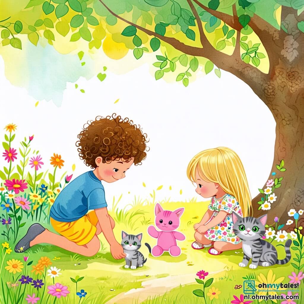 Une illustration sous forme de dessin destinée aux enfants représentant un jardin ensoleillé avec des fleurs colorées et un grand arbre, où un petit garçon de 2 ans aux cheveux bouclés et aux yeux pétillants, vêtu d'un t-shirt bleu et d'un short jaune, se penche avec curiosité pour ramasser une poupée rose perdue, tandis qu'une petite chatte grise aux yeux verts, assise à côté de lui, observe attentivement, et une fillette aux cheveux longs et blonds, portant une robe à fleurs, sourit en les rejoignant, tous trois plongés dans une enquête joyeuse pour retrouver le jouet disparu.