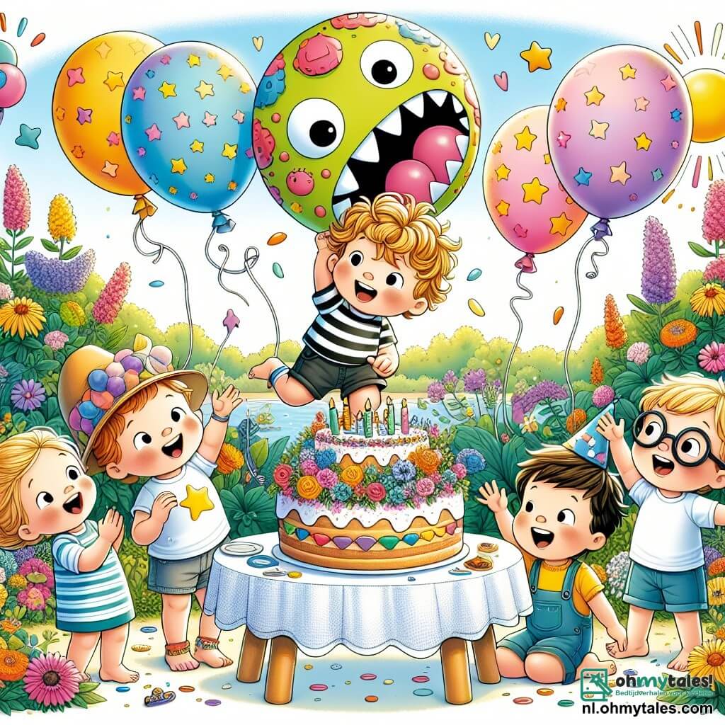 Une illustration sous forme de dessin destinée aux enfants représentant un jardin ensoleillé rempli de fleurs colorées et de ballons flottants, où un garçon de 3 ans avec des cheveux bouclés et un t-shirt rayé est en train de sauter de joie en tenant une grande ballon en forme de monstre, tandis que trois amis, une fille avec une grande hoed étoilée, un garçon avec des lunettes et un t-shirt à motifs de dinosaures, et un autre garçon aux cheveux blonds et un sourire éclatant, l'encouragent en riant, tous entourés d'une grande table décorée avec une énorme gâteau d'anniversaire.