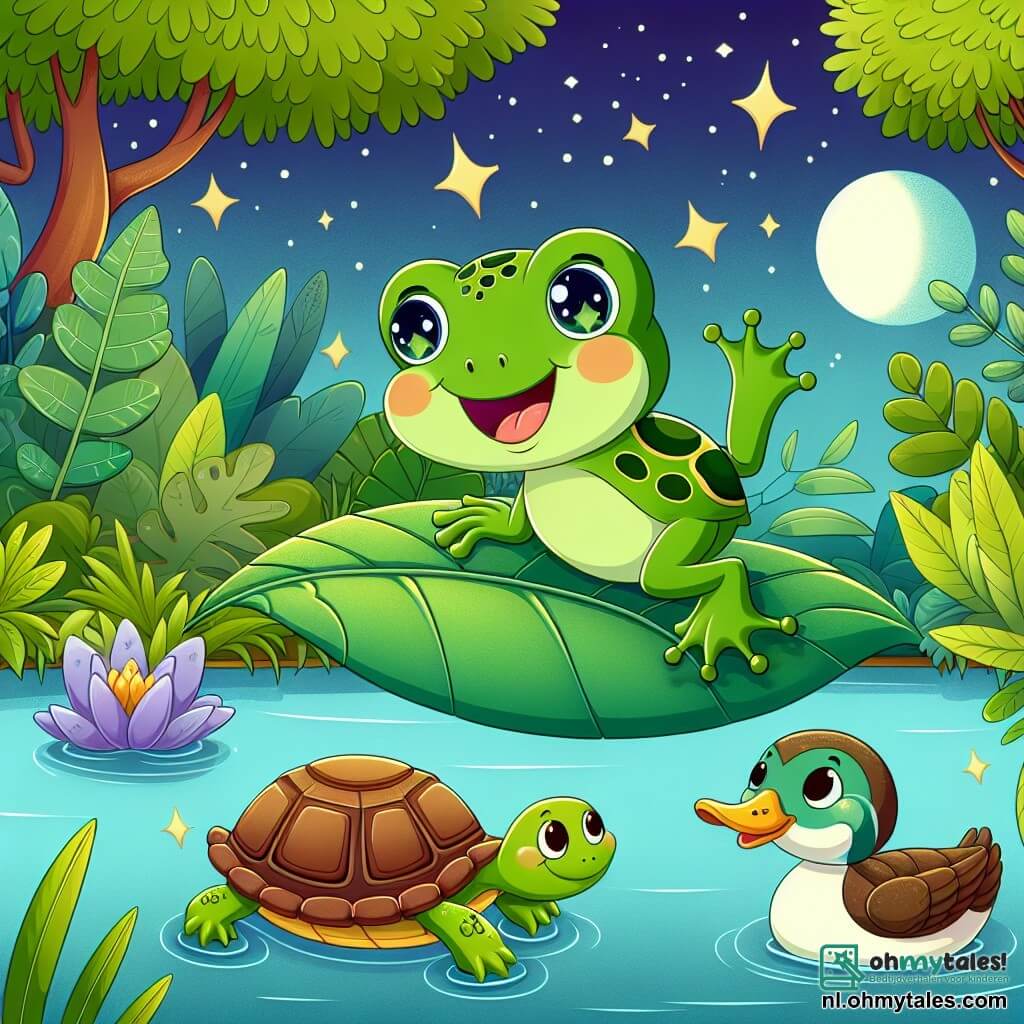 Une illustration sous forme de dessin destinée aux enfants représentant un paisible moeras verdoyant, où une petite grenouille verte aux yeux pétillants et au sourire joyeux saute sur un grand feuillage flottant, entourée de ses amis : une tortue à la carapace colorée qui nage lentement à côté d'elle et une canneberge au plumage brillant qui les observe avec curiosité, alors qu'ils rêvent ensemble d'aventures à venir sous un ciel étoilé.