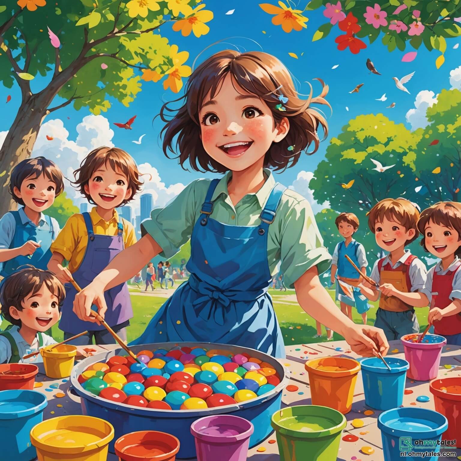 Une illustration destinée aux enfants représentant une femme artiste au sourire éclatant, entourée de pots de peinture éclatants comme des bonbons, peignant avec passion un tableau vibrant de couleurs dans un parc ensoleillé où les rires d'un groupe de garçons et de filles, aux cheveux ébouriffés et aux vêtements colorés, résonnent joyeusement autour d'elle, tandis que des fleurs multicolores dansent au gré du vent et que des oiseaux chantent dans un ciel bleu azur, créant une atmosphère magique et inspirante où l'imagination prend vie.