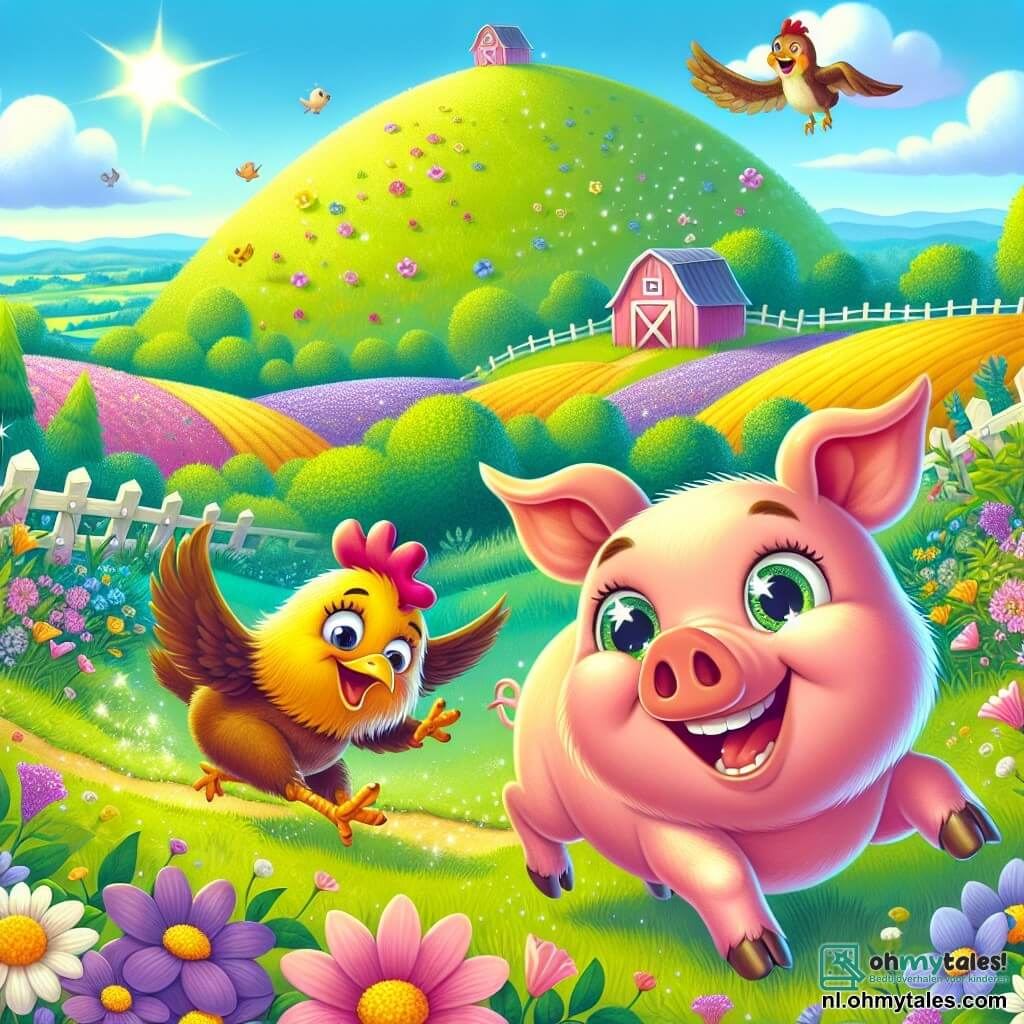Illustratie van een kleurrijke en vrolijke scène op een zonnige boerderij, omringd door groene velden en stralende bloemen. Op de voorgrond rent een roze varken met ronde wangen en sprankelende ogen, met een grote glimlach, vrolijk naar een grote heuvel, terwijl zijn kleine pootjes door het gras vliegen. Naast hem probeert een speelse gele kip, die met haar vleugels slaat, hem te volgen, terwijl een bruine hond met een ondeugende uitdrukking het duo probeert in te halen, maar over zijn eigen poten struikelt. Op de achtergrond rijst de heuvel majestueus op, bezaaid met paarse bloemen, en een heldere blauwe lucht met enkele drijvende witte wolken voegt een vleugje lichtheid toe aan de scène. De sfeer is vol vreugde en avontuur, die de speelse geest van het verhaal vastlegt.