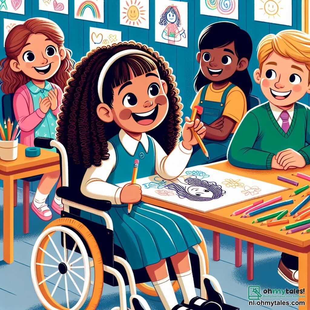 Une illustration sous forme de dessin destinée aux enfants représentant une salle de classe colorée et accueillante, avec des murs ornés de dessins d'enfants, où une fille de 11 ans, aux cheveux châtains et bouclés, souriante et pleine de vie, est assise dans une jolie chaise roulante, en train de dessiner avec des crayons de couleur sur une grande feuille de papier, tandis qu'à ses côtés, une autre fille de son âge, aux cheveux longs et lisses, l'encourage avec un grand sourire, et deux garçons, l'un aux cheveux blonds et l'autre aux cheveux bruns, regardent avec admiration son dessin, illustrant ainsi l'importance de l'amitié et de l'inclusion malgré les défis.
