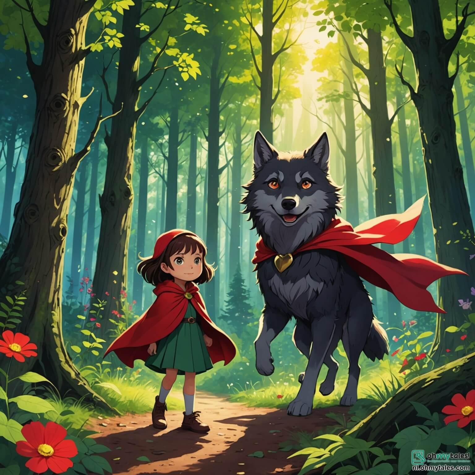 Une illustration destinée aux enfants représentant une petite fille au regard pétillant et à la cape rouge éclatante, se tenant courageusement au milieu d'une forêt enchantée où les rayons du soleil filtrent à travers les feuillages verdoyants, entourée de grands arbres aux troncs noueux et de fleurs colorées qui dansent au gré du vent, tandis qu'un grand méchant loup à la fourrure sombre et aux yeux perçants, tapi dans l'ombre, observe avec une curiosité malicieuse, alors qu'en arrière-plan se dessine la petite maison de sa grand-mère, faite de bois et de pierre, avec une cheminée fumante et des fenêtres fleuries, où la gentille grand-mère, une femme âgée au sourire chaleureux et aux cheveux argentés, attend avec impatience la visite de sa petite-fille, ignorant le danger qui rôde dans les parages.