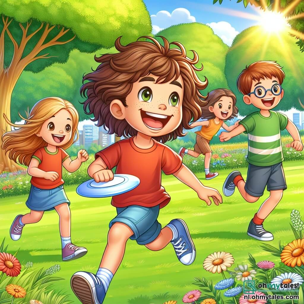 Une illustration sous forme de dessin destinée aux enfants représentant un parc ensoleillé avec des arbres verdoyants et des fleurs colorées, où un garçon de 9 ans aux cheveux bruns et bouclés, souriant et plein d'énergie, joue au frisbee avec ses amis, dont une fille aux cheveux longs et blonds qui rit en courant, tandis qu'un autre garçon aux lunettes et aux cheveux châtains les encourage, illustrant la joie de jouer ensemble à l'extérieur, loin des écrans.