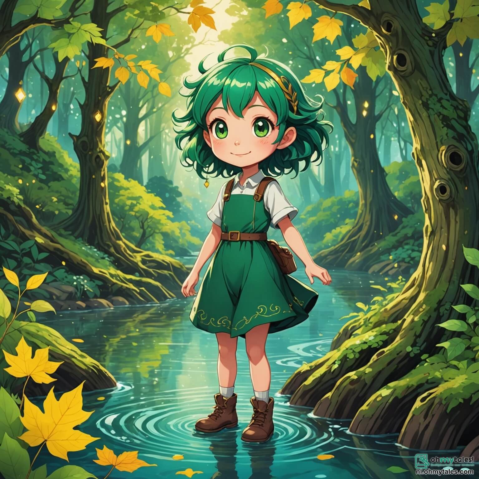 Une illustration destinée aux enfants représentant une lutin espiègle aux cheveux d’un vert éclatant et aux yeux pétillants de curiosité, se tenant au bord d’une magnifique et scintillante rivière dans un bois enchanté, où les arbres majestueux aux troncs noueux et aux feuilles dorées dansent doucement au gré du vent, tandis qu'elle se prépare à partir à l'aventure avec son meilleur ami, un petit garçon aux joues roses et à la queue frétillante, qui est une souris malicieuse, pour découvrir les secrets cachés de la forêt magique où les fleurs colorées murmurent des histoires anciennes et où des étoiles scintillantes dansent à la surface de l'eau.