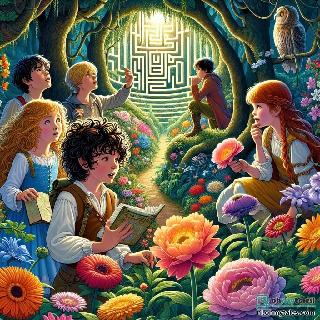 Illustratie van een prachtige geheime tuin in het hart van een doolhof, waar kleurrijke bloemen dansen in de wind en majestueuze bomen een groene dak vormen. In het midden staat een groep van vijf kinderen, drie jongens en twee meisjes, verwonderd. Een jongen met bruin, krullend haar van ongeveer 8 jaar kijkt nieuwsgierig naar een zingende bloem, terwijl een andere, langere jongen met blond, steil haar glimlacht terwijl hij een kaart van het doolhof vasthoudt. Een meisje met lang, zwart haar van ongeveer 7 jaar knielt om een bloem aan te raken, gefascineerd door de heldere kleur. Naast haar kijkt een ander meisje met rood, gevlochten haar omhoog naar een wijze uil die op een tak zit en hen vriendelijk observeert. De scène straalt een sfeer van magie en ontdekking uit, met zonnestralen die door de bladeren filteren en de gezichten van de kinderen verlichten, vol verwondering en vreugde.