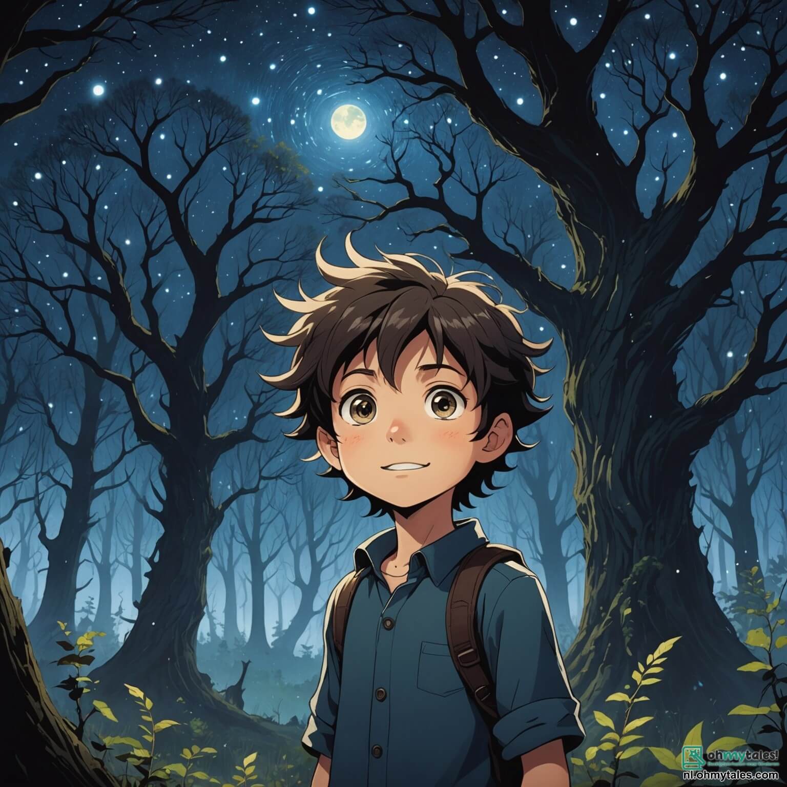 Une illustration destinée aux enfants représentant un garçon aux yeux pétillants de curiosité, avec des cheveux ébouriffés et un sourire espiègle, se tenant au bord d'une forêt sombre et mystérieuse, où les arbres tordus et noueux s'élèvent comme des géants menaçants, leurs branches dénudées s'entrelacent dans un ciel nocturne étoilé, tandis qu'une brume légère s'élève du sol, enveloppant le tout d'une atmosphère à la fois fascinante et effrayante, alors qu'il s'apprête à s'aventurer dans ce lieu interdit, où des murmures inquiétants et des ombres dansantes semblent l'appeler, accompagné de son amie, une fille courageuse au regard déterminé, qui le pousse à explorer les secrets cachés de cette forêt, tout en redoutant les histoires de créatures terrifiantes et de sorcières malveillantes qui hantent les profondeurs de cet endroit lugubre.