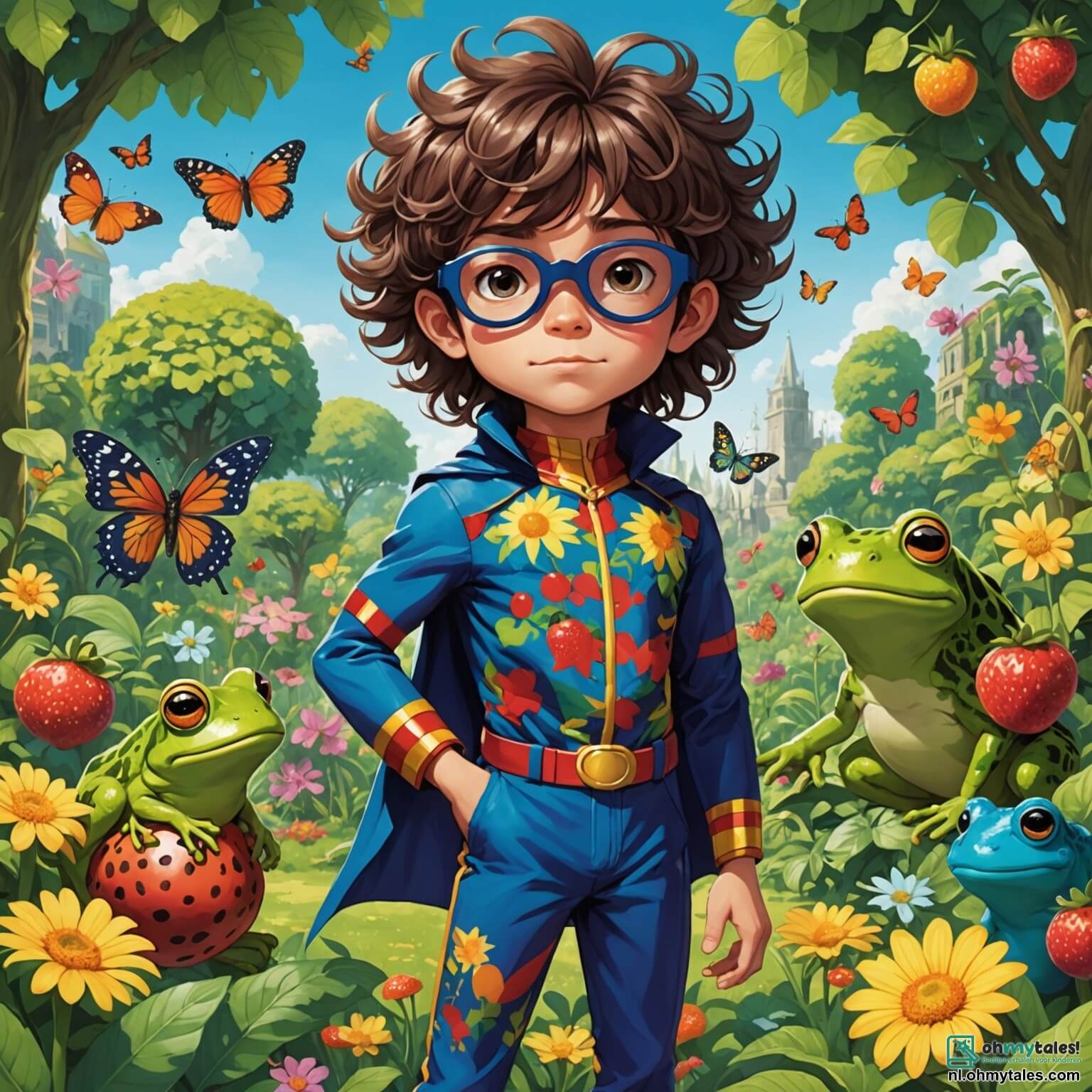 Une illustration destinée aux enfants représentant un garçon aux cheveux en bataille, vêtu d'une combinaison de super-héros multicolore ornée de motifs de fruits excentriques, se tenant au milieu d'un jardin enchanté où les fleurs chantent des chansons de jazz et les papillons portent des lunettes de soleil, tandis qu'il tente de convaincre une grenouille géante à lunettes, qui parle avec un accent anglais très prononcé, de l'aider à retrouver son doudou perdu, tout cela sous un ciel violet parsemé d'étoiles scintillantes qui dansent comme des feux follets, entouré de ses amis, une fille aux cheveux bouclés qui porte une robe à pois et un garçon à la casquette de travers, tous deux riant aux éclats devant les situations loufoques qui se déroulent autour d'eux.
