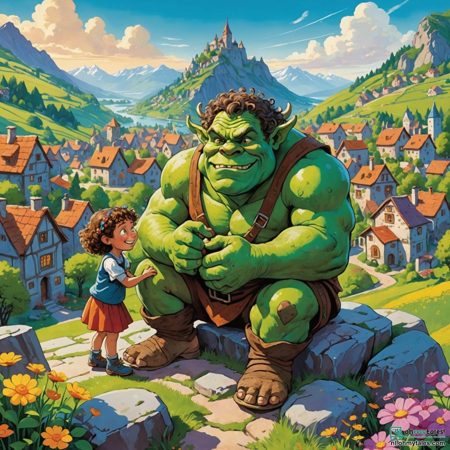 Une illustration destinée aux enfants représentant un ogre au grand cœur, avec une peau d'un vert éclatant et des yeux pétillants de gentillesse, assis sur un rocher surplombant un village coloré aux maisons en pierres scintillantes, entouré de champs de fleurs éclatantes et de montagnes majestueuses, où il fait la rencontre d'une intrépide petite fille aux cheveux bouclés et d'un garçon curieux, tous deux désireux de découvrir la véritable nature de cet être fantastique, alors que les rires et les chants des villageois résonnent dans l'air frais et parfumé des pins, créant une atmosphère magique et pleine d'aventures.