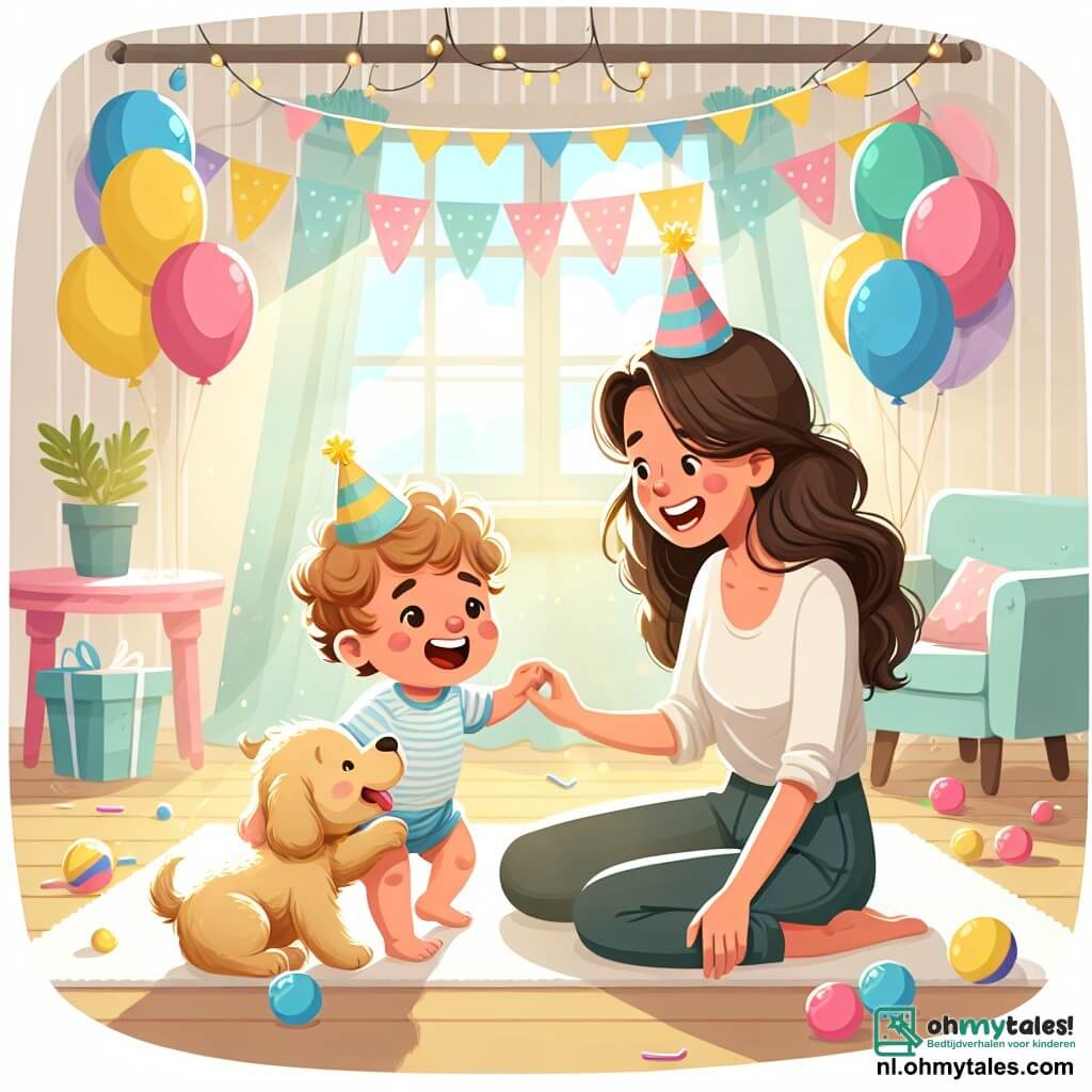 Une illustration sous forme de dessin destinée aux enfants représentant une joyeuse salle de fête décorée de ballons colorés et de guirlandes, avec un petit garçon de 1 an aux cheveux bouclés et aux yeux pétillants, assis sur le sol en train de rire tout en jouant avec un petit chien aux poils dorés qui lui apporte une balle, tandis qu'une maman souriante les observe avec tendresse, le tout baigné par la lumière du soleil qui filtre à travers la fenêtre, créant une atmosphère chaleureuse et festive.