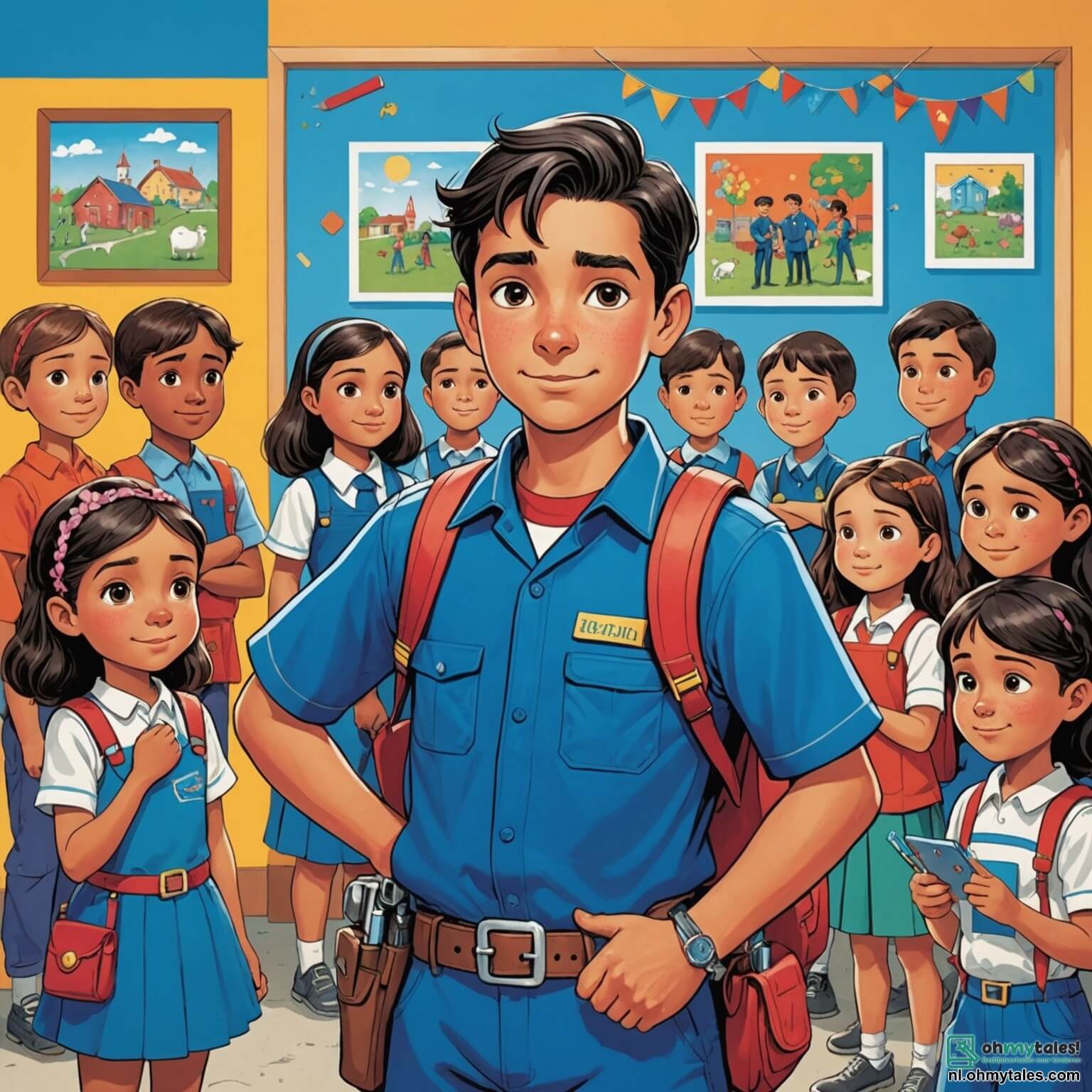 Une illustration destinée aux enfants représentant un homme au regard déterminé, vêtu d'un uniforme bleu éclatant et d'une ceinture ornée d'outils de sécurité, se tenant fièrement devant une école colorée aux murs peints de dessins d'animaux et de fleurs, où il veille sur un groupe de jeunes enfants, dont une fille aux cheveux tressés qui l'écoute attentivement tandis qu'un garçon aux joues roses et aux yeux pétillants l'interroge sur les règles de sécurité routière, le tout baigné dans la lumière dorée d'une journée ensoleillée, créant une atmosphère joyeuse et éducative.
