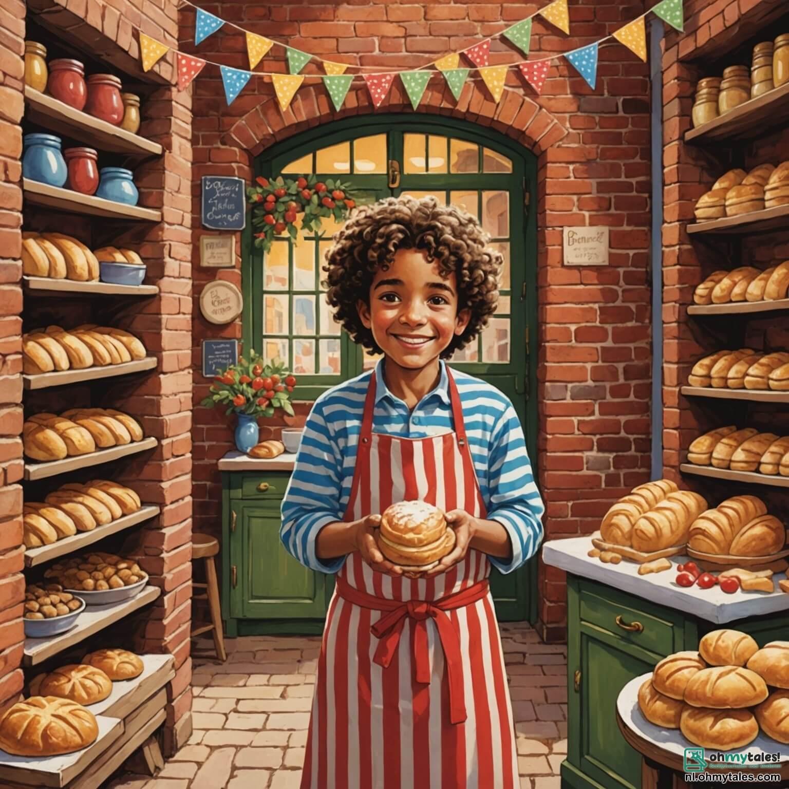 Une illustration destinée aux enfants représentant un homme au sourire chaleureux et aux mains farines, vêtu d'un tablier rayé, se tenant dans sa boulangerie colorée aux murs en briques rouges ornés de guirlandes de pain doré, où l'odeur envoûtante de pain frais et de viennoiseries croustillantes flotte dans l'air, tandis que deux enfants, une fille aux cheveux bouclés et une grande robe à fleurs, et un garçon avec une casquette bleue et des yeux pétillants d'excitation, s'affairent joyeusement à l'aider à pétrir la pâte et à façonner de délicieux petits pains, créant ainsi une atmosphère de camaraderie et de magie culinaire.