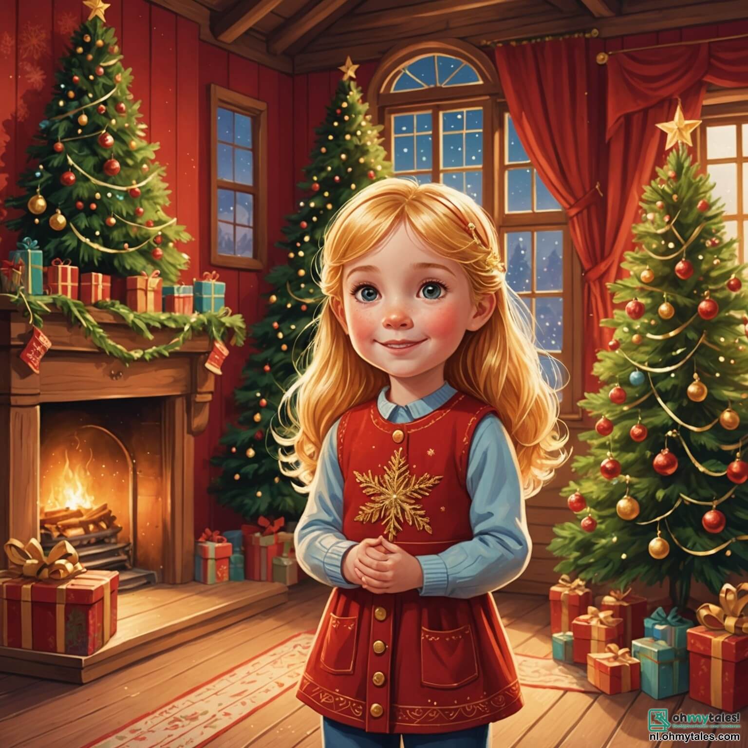 Une illustration destinée aux enfants représentant une petite fille aux cheveux dorés, pétillante de joie et d'enthousiasme, se tenant devant un majestueux sapin de Noël, décoré de boules scintillantes et de guirlandes lumineuses, dans une chaleureuse maison en bois aux murs peints en rouge, où les fenêtres sont ornées de flocons de neige délicats et où une douce lumière dorée émane d'une cheminée crépitante, tandis qu'à ses côtés se trouve un bonhomme de neige souriant, avec un chapeau haut de forme et une écharpe colorée, qui danse joyeusement, tous deux entourés de l'odeur des biscuits de Noël fraîchement cuits et des rires de sa maman, une femme douce et aimante, qui les observe avec tendresse, créant une atmosphère magique et festive qui fait briller les yeux de la fillette.
