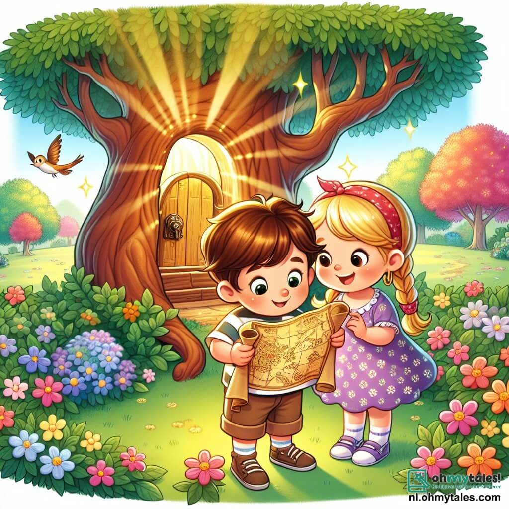 Une illustration sous forme de dessin destinée aux enfants représentant un charmant parc ensoleillé avec une grande eikenboom au centre, où un garçon de 5 ans aux cheveux châtains et aux yeux pétillants, vêtu d'un t-shirt rayé et d'un short, examine une vieille carte au trésor avec une expression de curiosité sur son visage, tandis que sa meilleure amie, une fille aux cheveux blonds tressés et portant une robe à fleurs, l'observe avec enthousiasme, tous deux entourés de fleurs colorées et d'oiseaux chantants, alors qu'ils découvrent un petit deurtje dans le tronc de l'arbre, symbolisant le début de leur aventure d'enquête.
