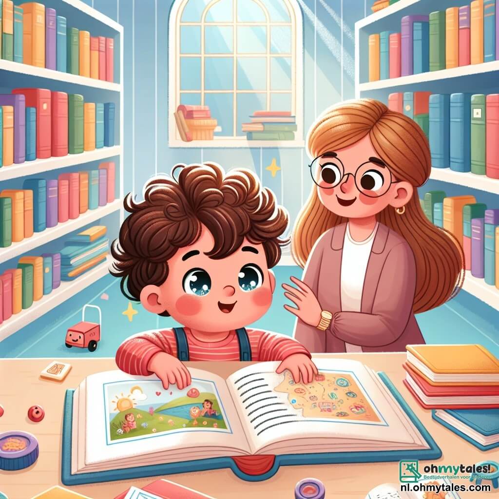 Une illustration sous forme de dessin destinée aux enfants représentant une bibliothèque chaleureuse avec des étagères remplies de livres colorés, où un petit garçon de 1 an aux cheveux bouclés et aux yeux pétillants explore avec curiosité un grand livre ouvert sur une table, tandis que sa maman, une femme souriante aux cheveux châtains, l'observe avec bienveillance, alors qu'ils découvrent ensemble une mystérieuse carte au trésor illustrée, entourés de jouets éparpillés et de rayons de lumière filtrant par les fenêtres.