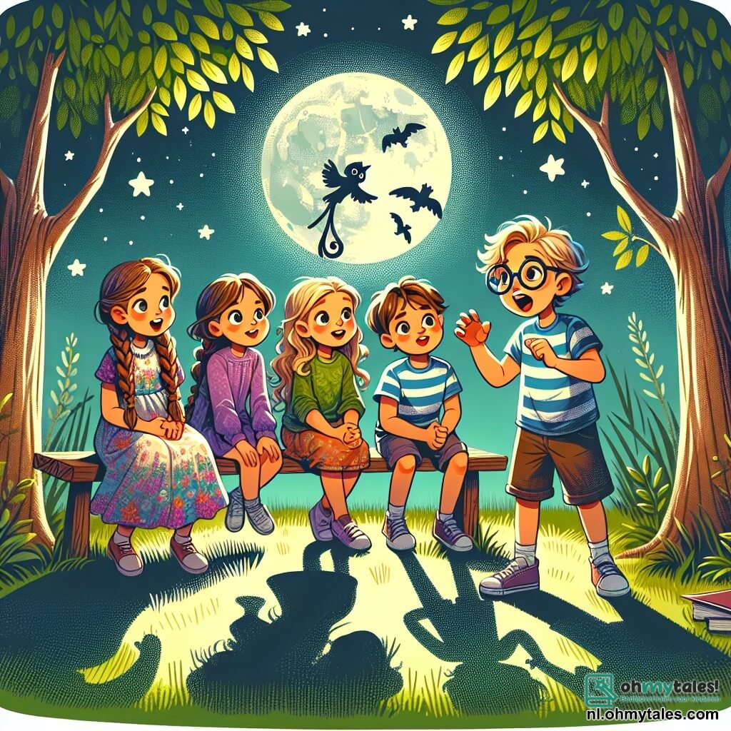 Illustratie van een nachtelijk park verlicht door het zachte licht van de maan. De bomen met groene bladeren dansen zachtjes in de bries, terwijl mysterieuze schaduwen op het gras verschijnen. In het midden van de scène zitten vier kinderen, twee meisjes en twee jongens, op een houten bank. Het eerste meisje, ongeveer 8 jaar oud, heeft lange, gevlochten bruine haren en draagt een kleurrijke jurk met bloemenpatroon. Ze kijkt met een verwonderde glimlach naar de sterren. De tweede jongen, 9 jaar oud, heeft rommelig blond haar en draagt een blauwe t-shirt en een korte broek. Hij gebaart enthousiast terwijl hij een verhaal vertelt. Het tweede meisje, ook 8 jaar oud, heeft krullend haar en draagt een paarse trui. Ze luistert aandachtig, met glinsterende ogen van opwinding. Ten slotte heeft de laatste jongen, ongeveer 9 jaar oud, een bril en een gestreept t-shirt aan. Hij haalt diep adem, klaar om zijn eigen verhaal te delen. De scène straalt een sfeer van vriendschap en moed uit, terwijl de kinderen, samengebracht onder de sterrenhemel, hun angst voor het donker overwinnen door verhalen te delen. Fonkelende sterren verlichten de lucht, en een lichte mist voegt een vleugje mysterie toe aan het geheel.