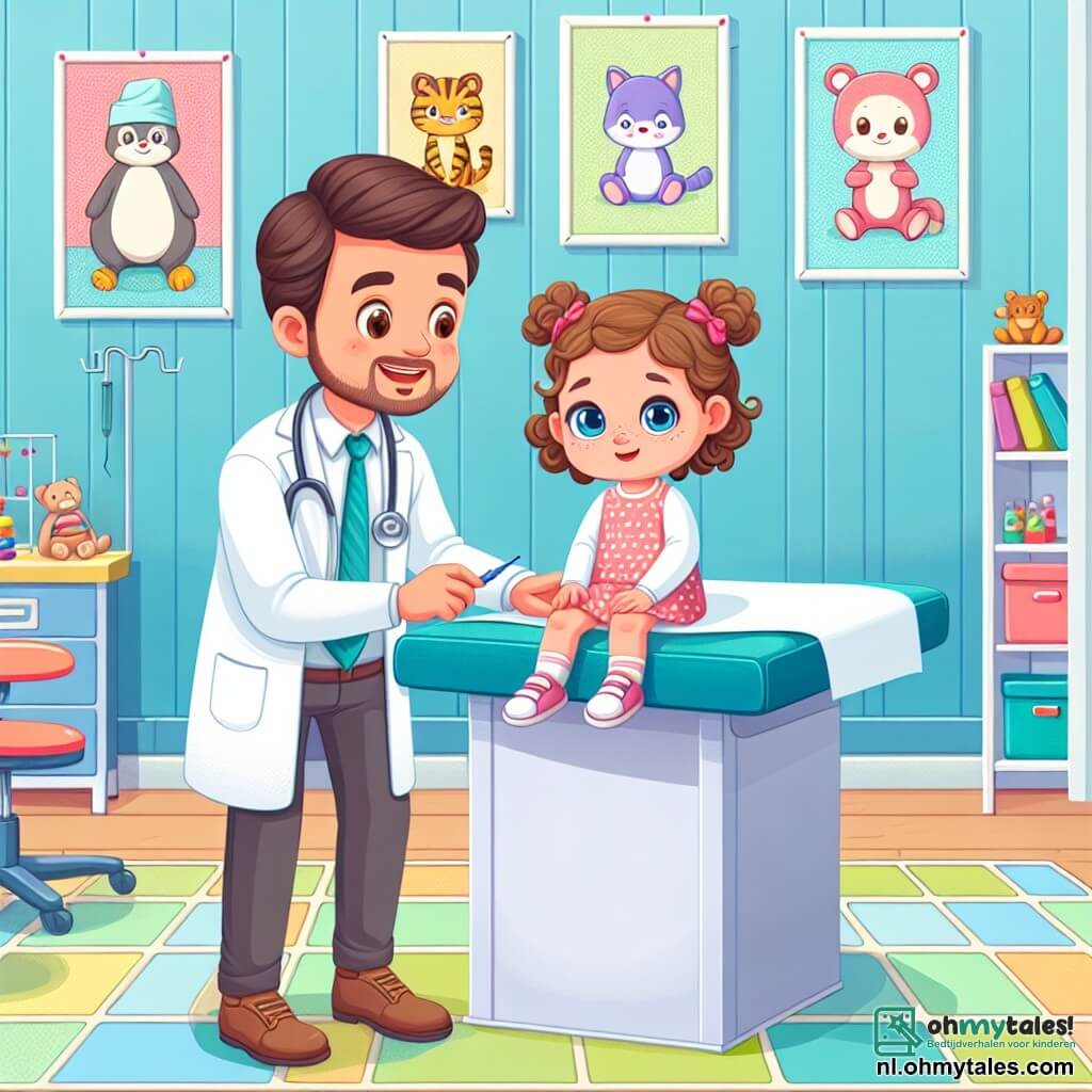 Une illustration sous forme de dessin destinée aux enfants représentant une clinique colorée et accueillante, avec des murs peints en bleu pastel et des affiches de dessins d'animaux, où un homme au sourire chaleureux, portant une blouse blanche et une stéthoscope autour du cou, examine une petite fille aux grands yeux bleus et aux cheveux bouclés, assise sur une table d'examen, tandis qu'une infirmière souriante aux cheveux bruns et en uniforme observe la scène avec bienveillance, illustrant le moment où le docteur rassure la fillette qui se sent malade, entourée de jouets colorés et de livres d'images.