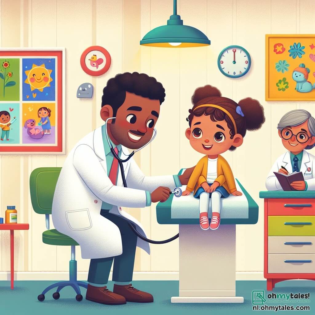 Une illustration sous forme de dessin destinée aux enfants représentant une salle de consultation lumineuse et colorée, avec des murs ornés de dessins d'enfants, où un homme au sourire chaleureux, portant une blouse blanche et une stéthoscope autour du cou, examine une petite fille aux cheveux bouclés et aux yeux pétillants, assise sur une table d'examen, tandis qu'une assistante souriante, avec des lunettes et un carnet à la main, observe la scène avec bienveillance, illustrant un moment de soin et de réconfort dans le quotidien d'un médecin dévoué.
