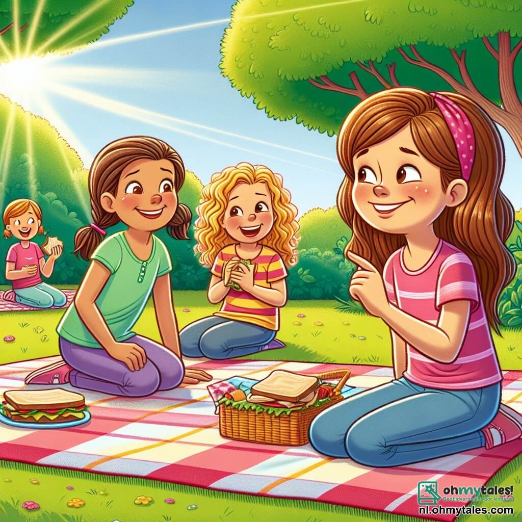 Une illustration sous forme de dessin destinée aux enfants représentant un parc ensoleillé avec des arbres verdoyants et une grande couverture de pique-nique colorée, où une fille de 9 ans aux cheveux châtains en queue de cheval, souriante et un peu nerveuse, est assise avec deux amies : une fille aux cheveux blonds bouclés qui mange un sandwich et une autre fille aux cheveux bruns qui rit, tandis qu'elles discutent joyeusement de leur secret de pique-nique, illustrant le thème du mensonge et de l'honnêteté.