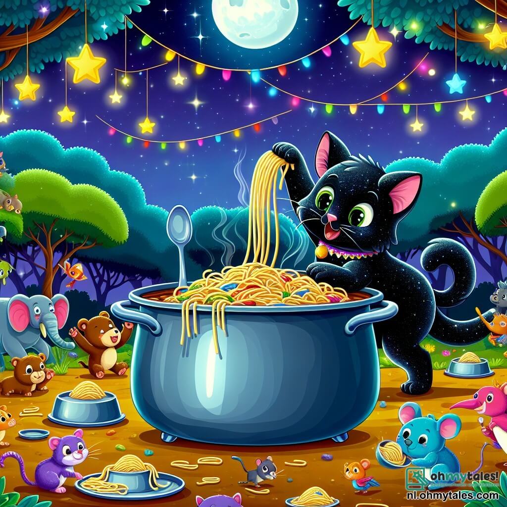 Illustratie van een levendige scène in een dierenpark onder een sterrenhemel, waar een grote pan dampende spaghetti in het midden van een door de maan verlichte open plek staat. Op de voorgrond staat een kat met sprankelende groene ogen en glanzende zwarte vacht op zijn achterpoten, met een poot omhoog om een lange sliert spaghetti te pakken, met een uitdrukking van vreugde en opwinding op zijn gezicht. Om hem heen nemen verschillende kleurrijke dieren deel aan het feest: een olifant met grote roze oren die saus in de pan giet, een bruine beer met ondeugende ogen die zijn buik wrijft, en een papegaai met schitterende veren die vrolijk zingt. Op de achtergrond sluipen kleine knaagdieren met heldere ogen, met lepels en borden in de hand, klaar om zich bij het feest te voegen. De sfeer is feestelijk en vrolijk, met kleurrijke serpentines die aan de takken van de bomen hangen en fonkelende sterren die een magische toets aan deze scène van kameraadschap en delen toevoegen.