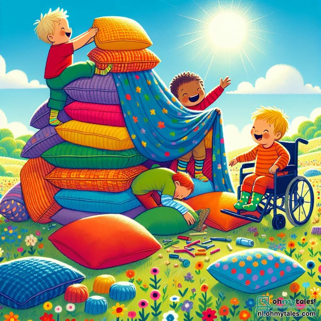Illustratie van een groot en groen zonnig veld, bezaaid met kleurrijke bloemen en een stralende blauwe lucht. In het midden zijn drie kinderen bezig met het bouwen van een fort van kussens. Een vierjarig jongetje, gekleed in een rode pet, glimlacht vrolijk terwijl hij zachte kussens opstapelt. Naast hem lacht een andere vierjarige jongen met gekleurde stippenkousen terwijl hij een grote deken vasthoudt om over het fort te draperen. Ten slotte lacht een vierjarig jongetje in een rolstoel terwijl hij enthousiast zijn vrienden aanstuurt, met sprankelende ogen van blijdschap. Het kussenfort is hoog en kleurrijk, met kussens in alle vormen en maten, en dekens die zachtjes in de wind wapperen. Gelach en vrolijke stemmen vullen de lucht, wat een sfeer van geluk en vriendschap creëert.