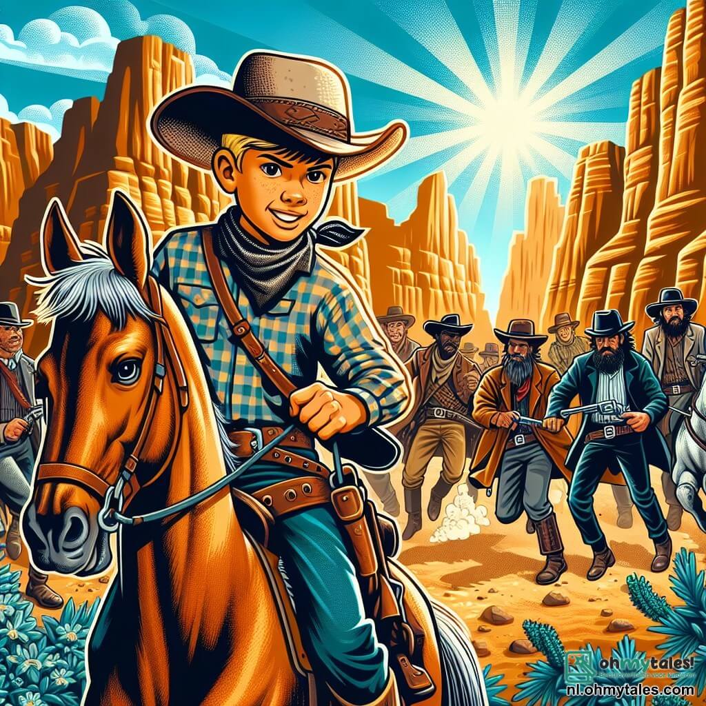 Une illustration sous forme de dessin destinée aux enfants représentant une scène dynamique dans une canyon ensoleillé, où un jeune homme cowboy au visage bronzé, portant un large chapeau de paille et une chemise à carreaux, se tient courageusement sur son cheval Dusty, tandis que des cowboys robustes, aux visages déterminés et vêtus de vestes en cuir, se préparent à capturer une bande de hors-la-loi, avec des rochers escarpés et un ciel bleu éclatant en arrière-plan, illustrant l'esprit d'aventure et de camaraderie dans le Far West.