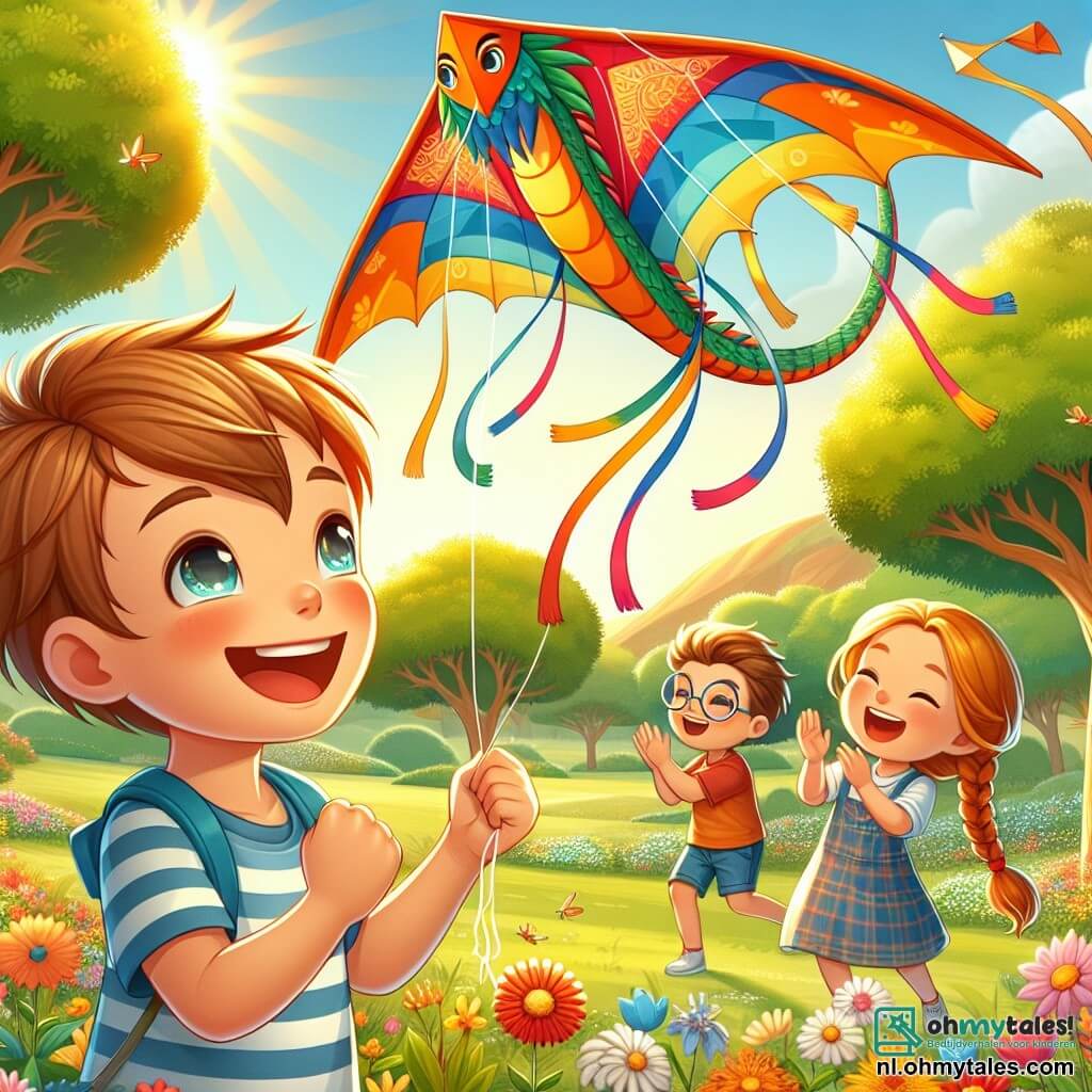 Une illustration sous forme de dessin destinée aux enfants représentant un parc ensoleillé avec des fleurs colorées et des arbres verdoyants, où un garçon de 7 ans aux cheveux châtains et aux yeux pétillants, souriant et concentré, est en train de faire voler une grande et colorée vlieger en forme de dragon, tandis que deux amis, une fille aux cheveux blonds tressés qui rit et un garçon aux lunettes rondes qui applaudit, l'encouragent avec enthousiasme, créant une ambiance joyeuse et amicale de vacances d'été.