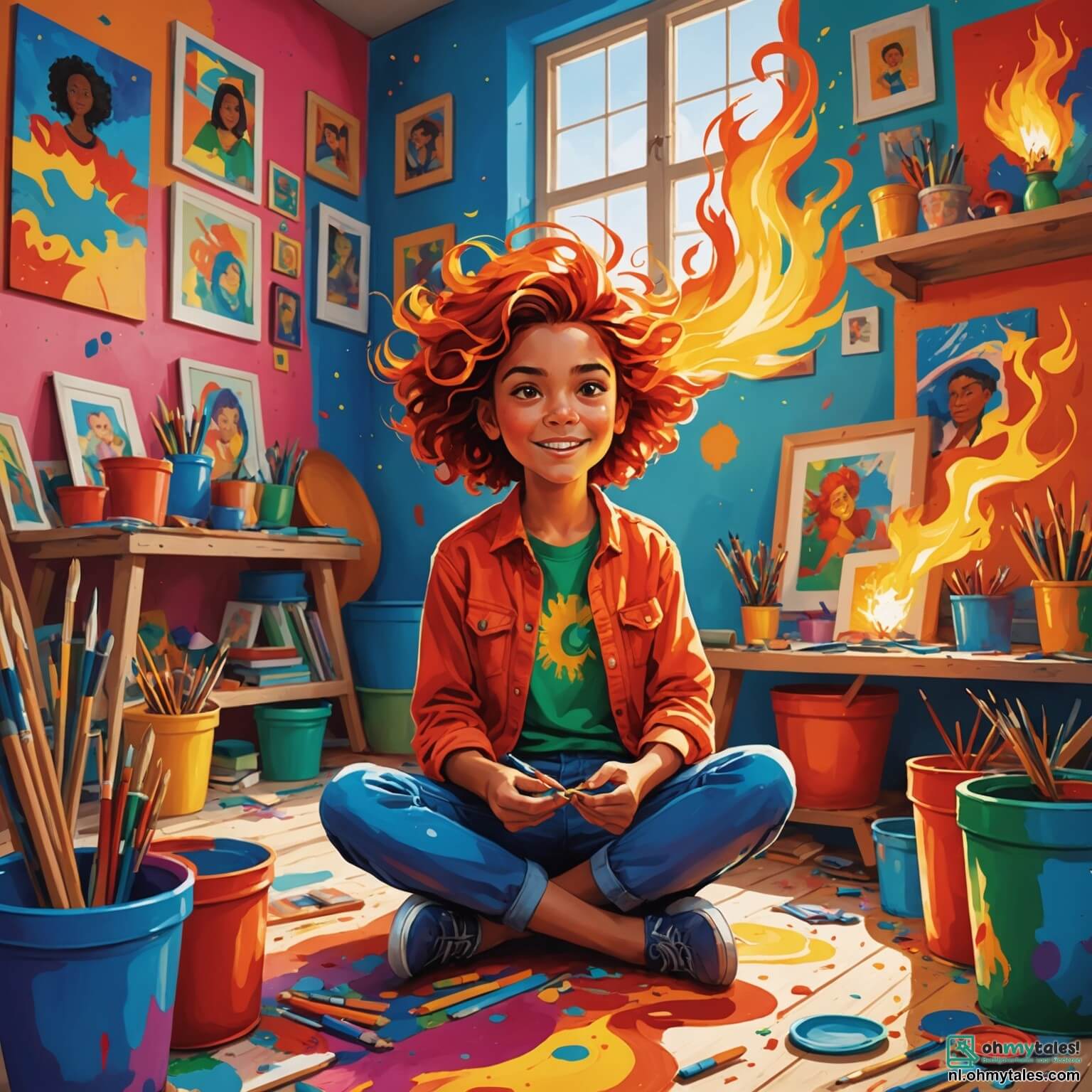 Une illustration destinée aux enfants représentant une femme artiste aux cheveux flamboyants comme des flammes dansant au gré du vent, assise sur le sol de sa studio coloré, où les murs sont tapissés de tableaux éclatants et de pots de peinture vifs, entourée de son jeune voisin curieux, un garçon aux yeux pétillants d'enthousiasme, alors qu'ils s'apprêtent à créer ensemble une magnifique œuvre d'art inspirée par les couleurs d'un coucher de soleil, dans une atmosphère joyeuse et créative, où chaque coup de pinceau résonne comme une mélodie de bonheur.