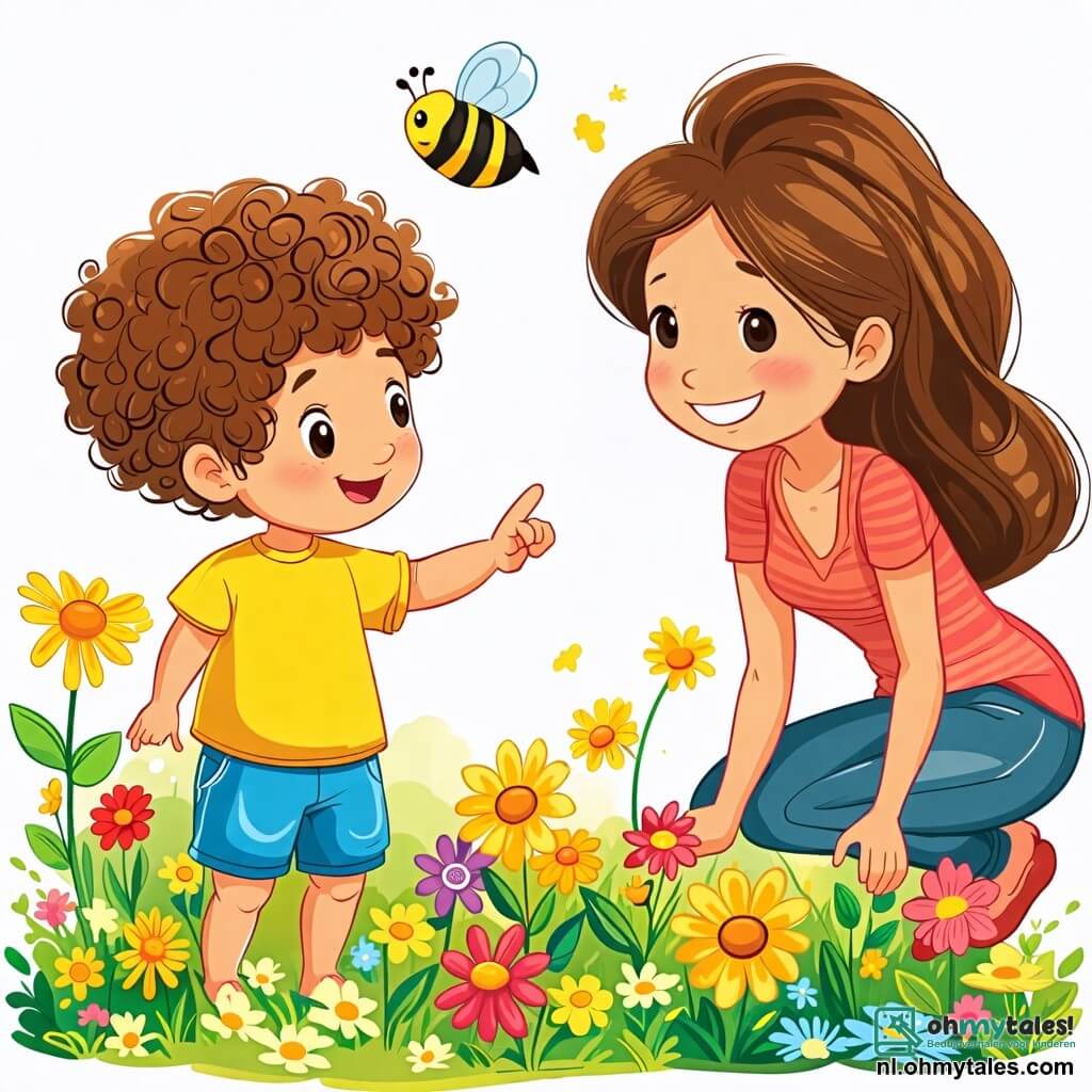 Une illustration sous forme de dessin destinée aux enfants représentant un jardin printanier ensoleillé, avec des fleurs colorées en pleine floraison, où un garçon de 2 ans aux cheveux bouclés et aux yeux pétillants, vêtu d'un t-shirt jaune et d'un short bleu, s'émerveille en pointant du doigt une abeille qui vole près des fleurs, tandis qu'une maman souriante, aux cheveux longs et bruns, s'accroupit à côté de lui, les deux partageant un moment de joie et de découverte dans la douceur du printemps.