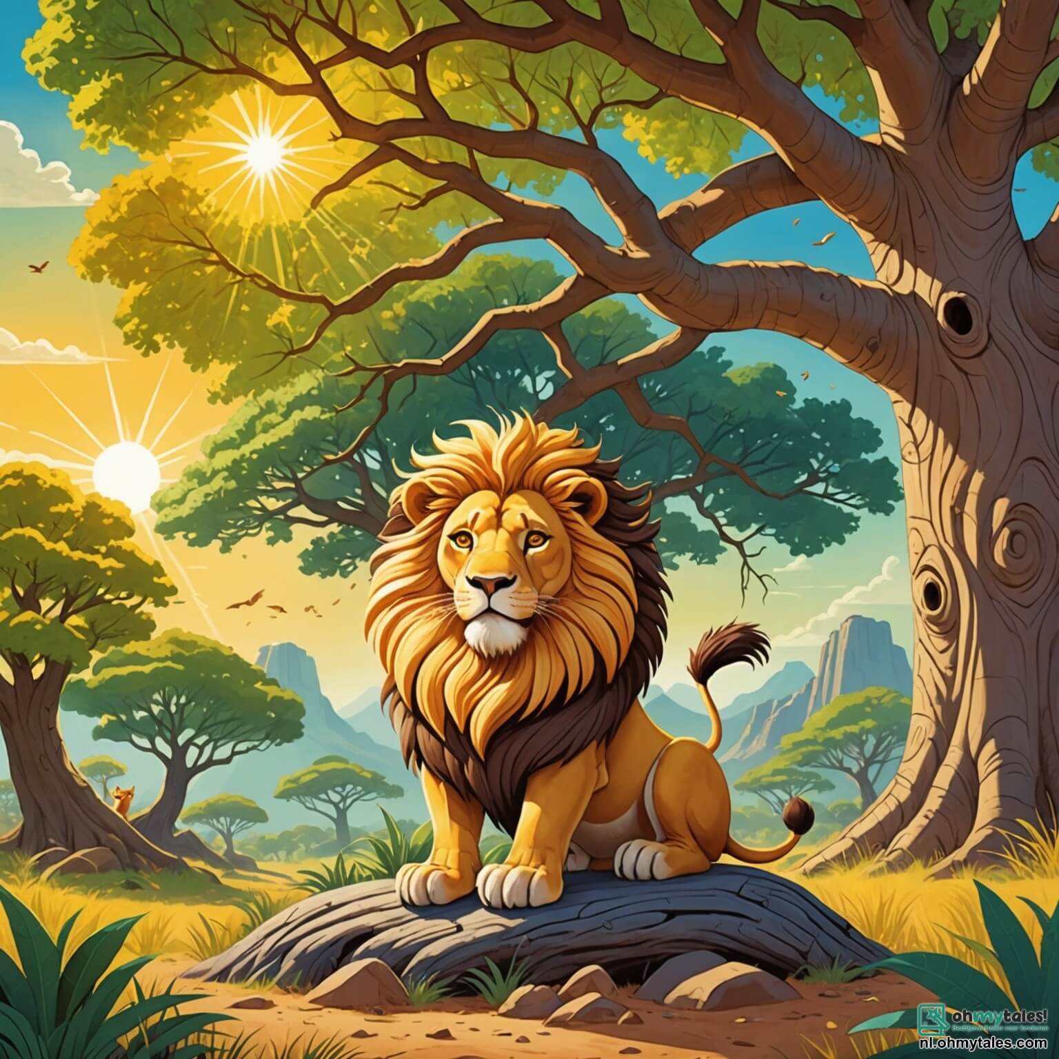 Une illustration destinée aux enfants représentant un majestueux lion à la crinière dorée scintillante sous le soleil éclatant, assis avec curiosité sous l'ombre d'un immense baobab aux branches étendues comme des bras accueillants, tandis qu'il rêve d'aventures palpitantes à travers la forêt colorée, peuplée de ses amis espiègles, dont une tortue au pas lent mais déterminé et un renard rusé aux yeux pétillants, tous trois prêts à explorer les mystères d'un monde vibrant de fleurs éclatantes et de chants d'oiseaux joyeux.