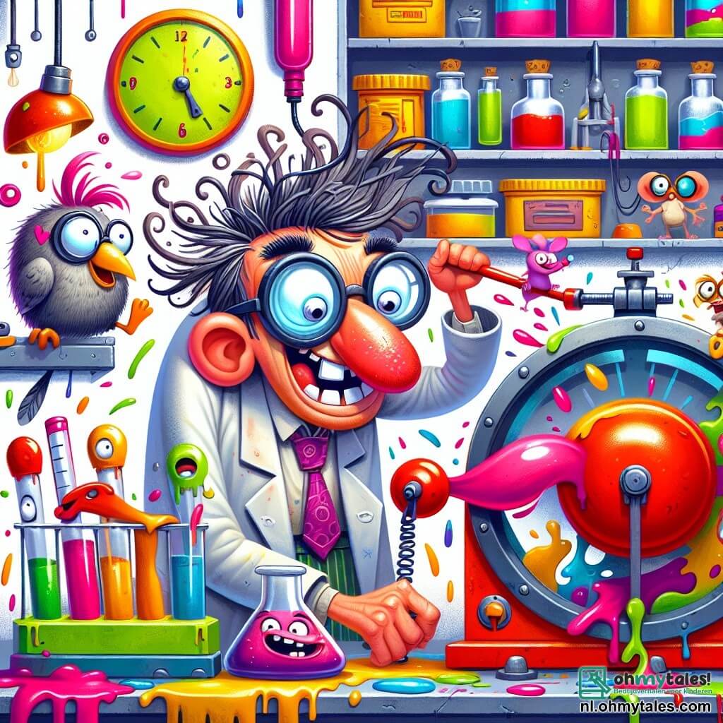 Une illustration sous forme de dessin destinée aux enfants représentant un laboratoire coloré et chaotique rempli d'inventions farfelues, où un homme excentrique avec des cheveux en bataille, des lunettes surdimensionnées et une blouse pleine d'encre est en train de tirer une grande manette rouge sur une machine ronde et lumineuse, tandis qu'une petite souris grise, aux yeux pétillants, observe avec curiosité et un perroquet aux plumes éclatantes, perché sur une étagère, rit en voyant une énorme et drôle de nez rose qui danse autour d'eux, symbolisant le moment comique où l'invention du professeur prend vie et crée une situation hilarante.