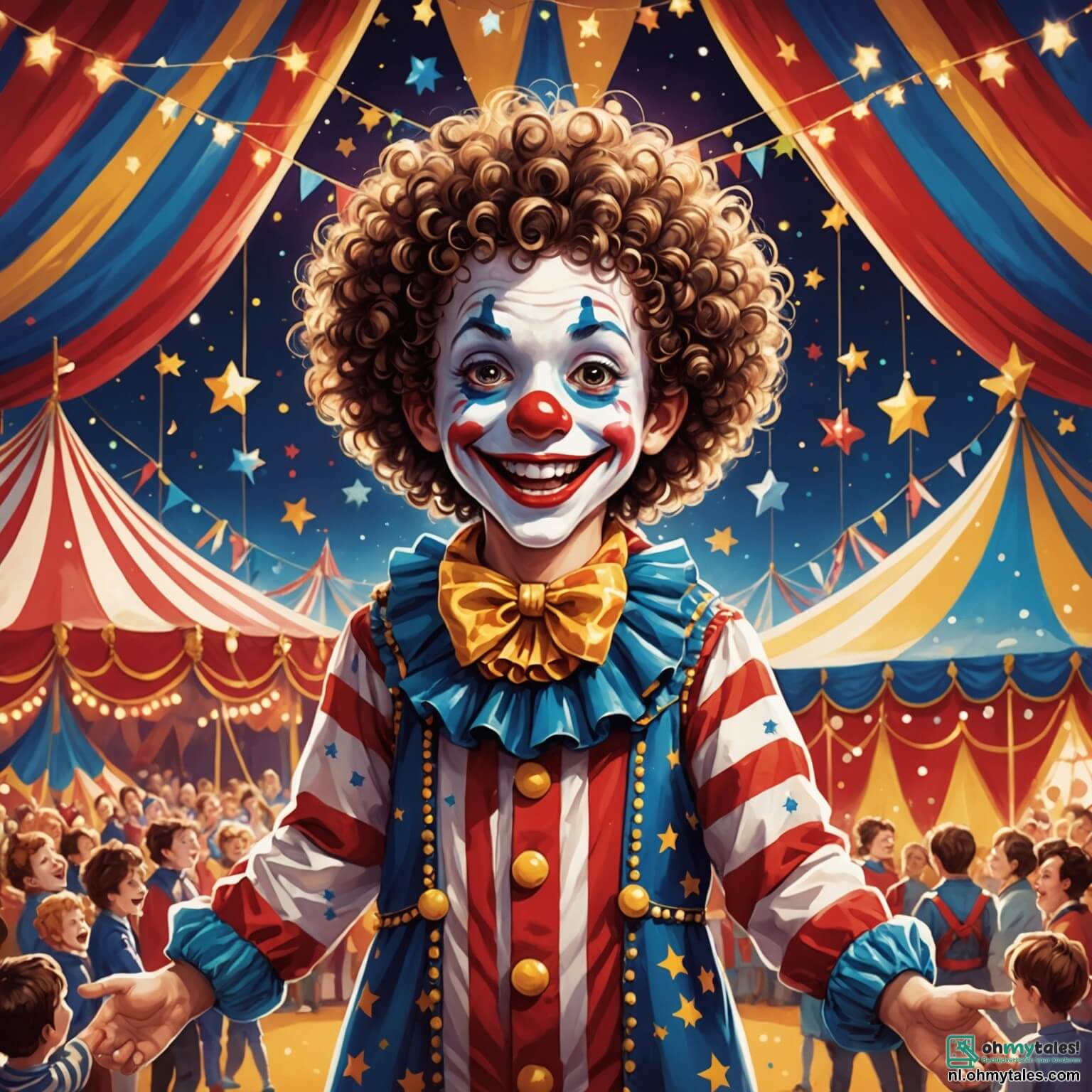 Une illustration destinée aux enfants représentant un jeune garçon aux cheveux bouclés et aux yeux pétillants d'excitation, vêtu d'un costume coloré de clown avec des étoiles et des rayures, se tenant au centre d'une grande tente de cirque aux couleurs vives, où des lumières scintillantes dansent sur les visages émerveillés du public, tandis qu'un clown jovial à la grande bouche rouge et à la démarche maladroite, ainsi qu'un dompteur de lions courageux avec un chapeau haut de forme et une veste brillante, l'encouragent à réaliser son rêve de devenir un artiste de cirque, tout en jonglant avec des balles multicolores sous le chapiteau décoré de guirlandes lumineuses et de drapeaux flottants, où l'odeur de popcorn et de barbe à papa embaume l'air, créant une atmosphère magique et pleine de rires.