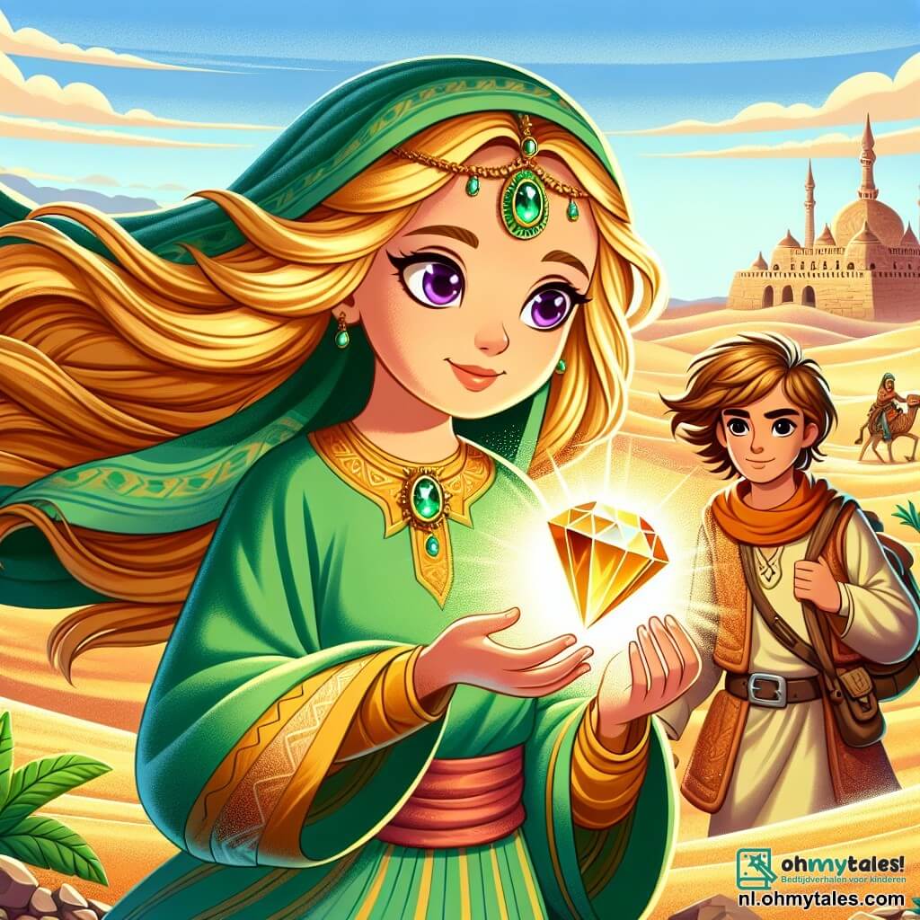 Une illustration sous forme de dessin destinée aux enfants représentant une vaste et envoûtante oasis au cœur de la désertique Aridia, avec une jeune princesse aux longs cheveux dorés flottant au vent, vêtue d'une tunique verte et tenant une brillante pierre précieuse dans ses mains, tandis qu'à ses côtés se tient un jeune garçon aux yeux aubergine, vêtu de vêtements de voyage, regardant avec admiration et détermination, alors qu'ils se préparent à affronter les défis de la magie ancienne pour sauver leur royaume de la sécheresse.