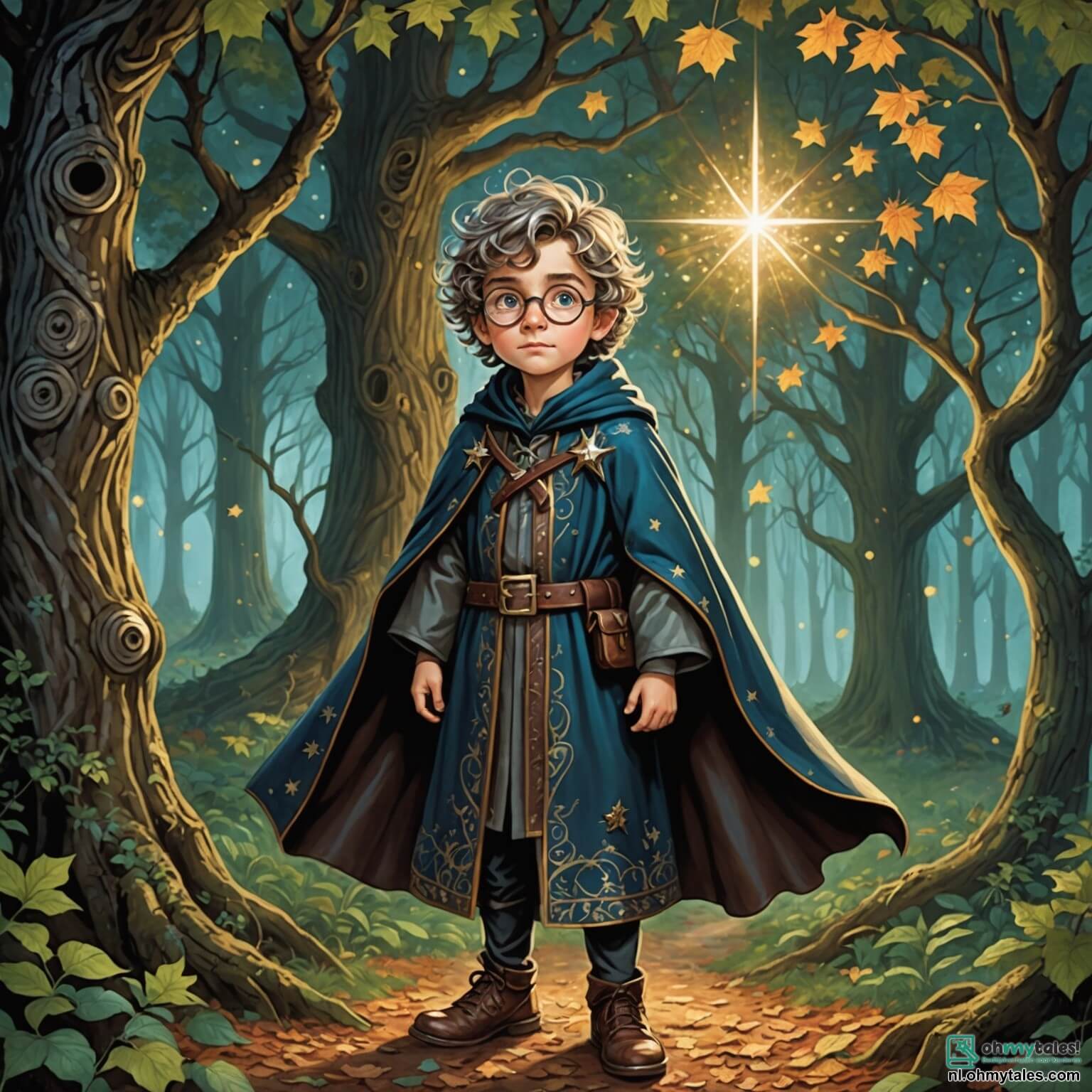 Une illustration destinée aux enfants représentant un jeune garçon aux cheveux ébouriffés et aux yeux pétillants de curiosité, vêtu d'une robe de sorcier ornée de motifs étoilés et d'une grande ceinture en cuir, se tenant dans une forêt enchantée où les arbres majestueux, aux troncs torsadés et aux feuilles scintillantes, murmurent des secrets anciens, tandis qu'un vieux sorcier à la barbe argentée et aux lunettes rondes, à l'air à la fois sage et malicieux, l'observe avec un sourire complice, alors qu'ils s'apprêtent à concocter un élixir magique pour inviter des elfes joyeux à une fête ensorcelante, remplie de rires et de danses sous un ciel étoilé.