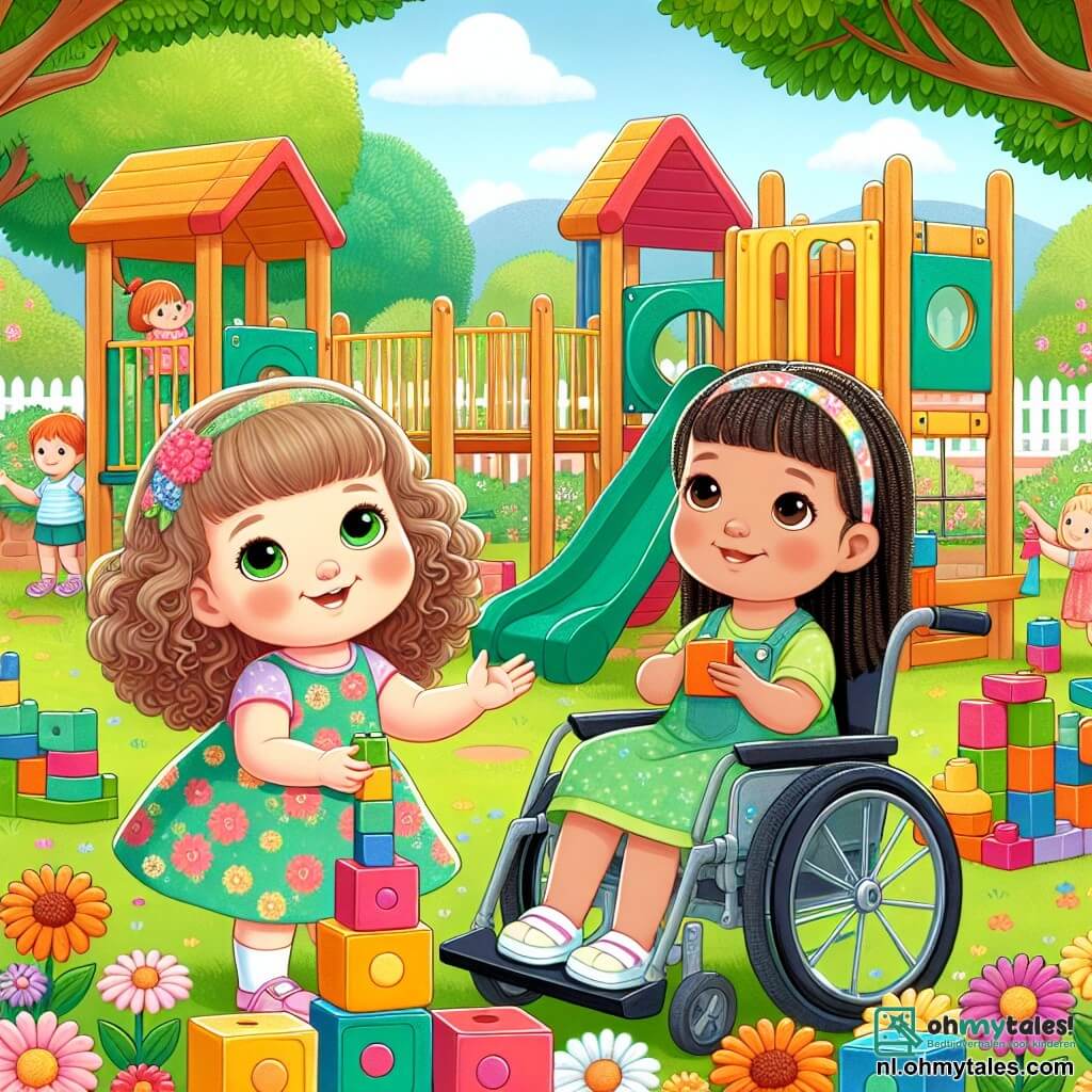 Illustration destinée aux enfants représentant un parc ensoleillé avec une aire de jeux colorée, où des arbres verdoyants et des fleurs éclatantes entourent des structures de jeux en bois. Au premier plan, une petite fille de 3 ans, avec de grands yeux brillants et des cheveux bouclés, sourit joyeusement tout en jouant avec des blocs de construction colorés. À côté d'elle, une autre petite fille de 4 ans, assise dans un fauteuil roulant, a des cheveux lisses et porte une robe à fleurs, elle sourit en racontant une histoire, entourée de blocs qu'elles construisent ensemble. L'atmosphère est remplie de rires et de camaraderie, avec d'autres enfants jouant autour d'elles, illustrant la joie de l'amitié et l'inclusion.