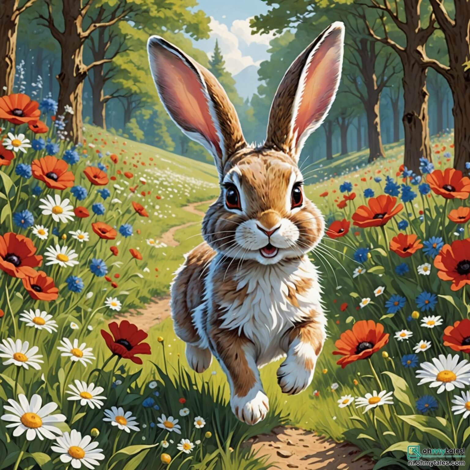 Une illustration destinée aux enfants représentant un adorable lapin aux grandes oreilles soyeuses et à la fourrure d'un blanc éclatant, sautillant joyeusement à travers un vaste champ de fleurs colorées, où des marguerites blanches, des coquelicots rouges et des bleuets scintillants dansent au gré du vent, tandis qu'il se dirige vers une forêt mystérieuse bordée de grands chênes majestueux, où l'ombre des feuilles crée des motifs enchanteurs sur le sol, et où ses amis, une espiègle écureuil aux yeux pétillants et une tortue sage au pas lent, l'accompagnent dans une quête palpitante pour découvrir le secret d'une mélodie envoûtante qui résonne au cœur de ce lieu magique.