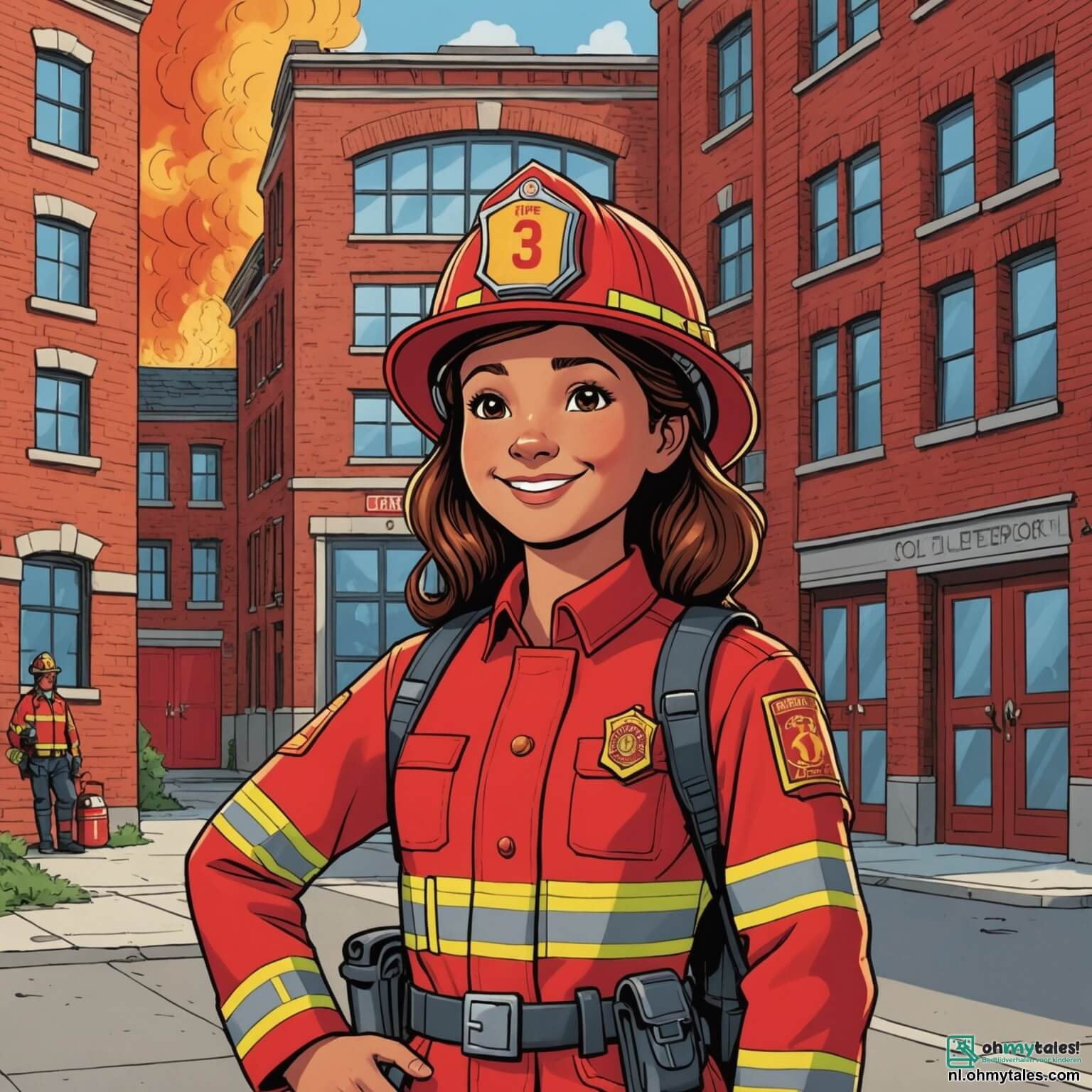 Une illustration destinée aux enfants représentant une courageuse femme pompière au sourire éclatant, vêtue de sa combinaison rouge vif et de son casque brillant, se tenant fièrement devant une imposante caserne de pompiers aux murs de briques rouges, ornée de grandes portes en bois et de fenêtres à volets, alors qu'elle se prépare à répondre à une urgence dans la ville animée, entourée de ses camarades, un homme musclé au regard déterminé et une femme pétillante pleine d'enthousiasme, tous deux prêts à affronter le danger et à sauver des vies, tandis qu'une douce brise fait danser les drapeaux accrochés au-dessus de la porte, et que des enfants curieux, un garçon aux cheveux blonds et une fille aux tresses, observent avec admiration cette scène héroïque, impatients d'apprendre comment devenir des héros à leur tour.