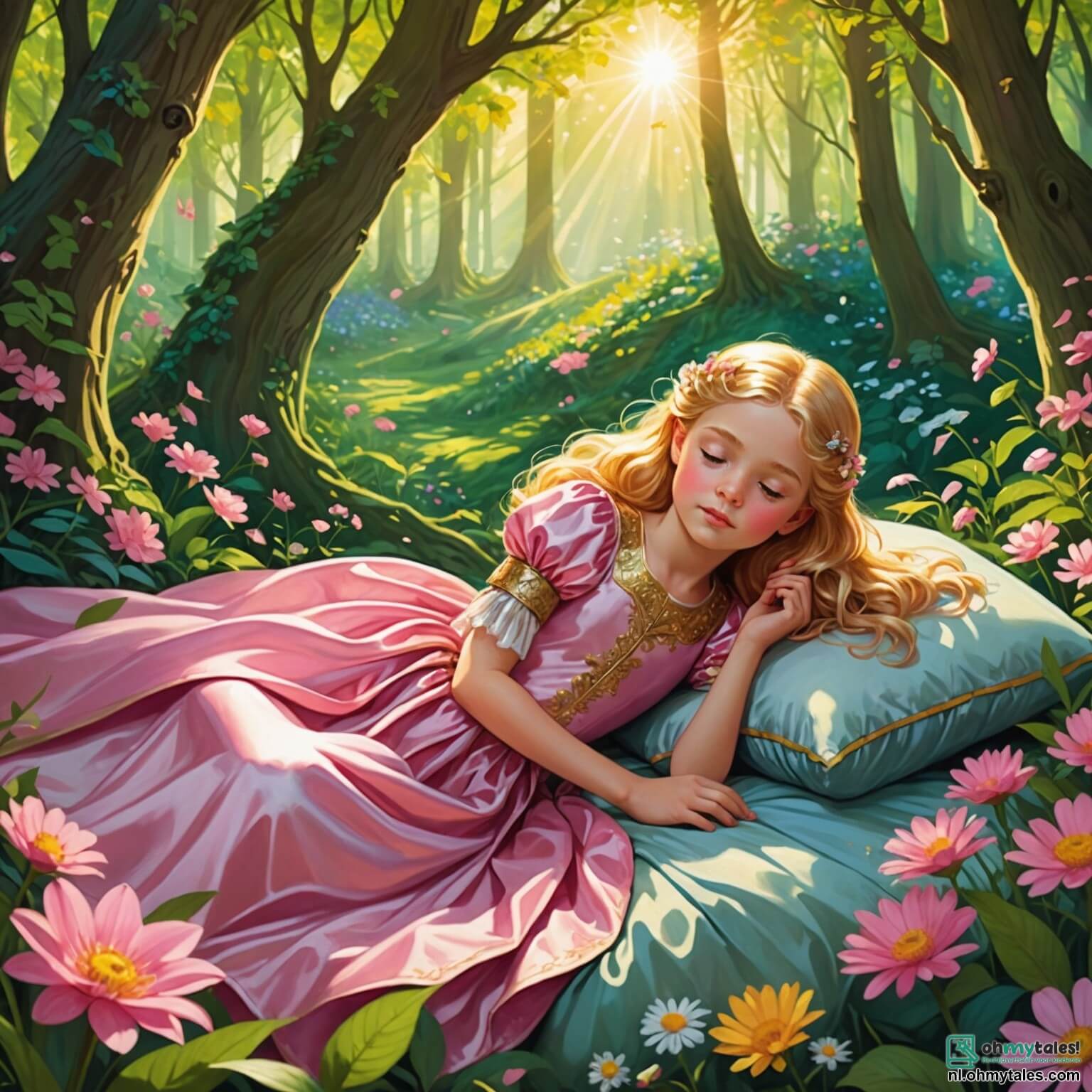 Une illustration destinée aux enfants représentant une belle jeune fille à la chevelure dorée, enveloppée dans une robe de satin rose délicat, paisiblement endormie sur un lit de fleurs éclatantes dans une forêt enchantée, où des rayons de soleil filtrent à travers les feuillages verdoyants, tandis qu'un jeune prince courageux, aux yeux pétillants et à l'armure scintillante, s'approche d'elle avec un regard empreint d'amour et de détermination, et où, en arrière-plan, se dressent des arbres majestueux aux troncs noueux et des buissons fleuris, témoins silencieux de la magie et des mystères de ce royaume oublié.