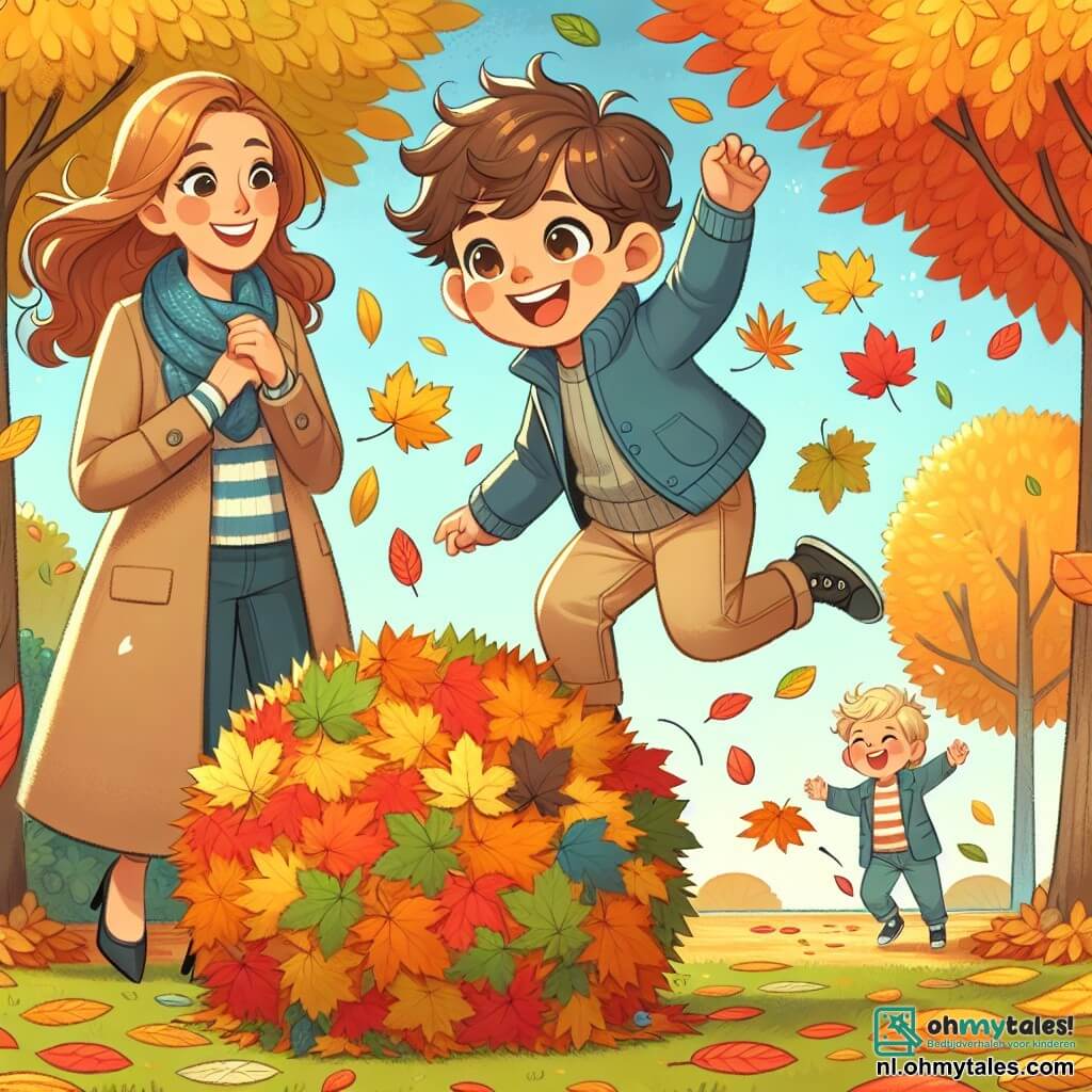 Une illustration sous forme de dessin destinée aux enfants représentant un parc en automne, avec des arbres aux feuilles jaunes, oranges et rouges, où un garçon de 3 ans aux cheveux bouclés et aux yeux pétillants, vêtu d'un pull bleu et d'un pantalon beige, s'amuse à sauter dans une grande pile de feuilles colorées, tandis qu'une maman souriante, aux cheveux châtains et portant un manteau léger, l'observe en riant, et un ami du garçon, un autre petit garçon aux cheveux blonds et en t-shirt rayé, se joint à lui pour créer une grande balle de feuilles, le tout sous un ciel ensoleillé et une ambiance joyeuse.