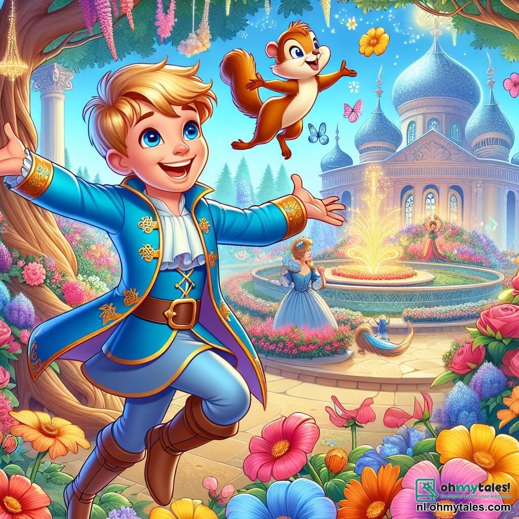 Une illustration sous forme de dessin destinée aux enfants représentant un magnifique jardin enchanté, rempli de fleurs colorées et d'arbres majestueux, où un prince joyeux aux cheveux blonds et à la tunique bleue danse avec un sourire éclatant, entouré de son meilleur ami, une petite eekhoorn malicieuse au pelage brun qui saute de joie, alors qu'ils célèbrent la découverte d'un secret magique avec des fleurs qui chantent et dansent autour d'eux, créant une atmosphère de rire et de bonheur.