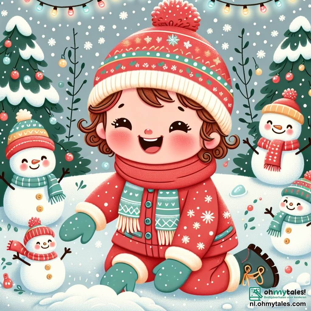 Une illustration sous forme de dessin destinée aux enfants représentant une charmante scène hivernale dans un jardin enneigé, où une petite fille de 1 an aux cheveux bouclés et aux joues roses, vêtue d'une combinaison rouge avec un bonnet en laine, rit joyeusement en jouant avec des neigeux, tandis que des bonhommes de neige souriants, ornés de chapeaux colorés et de foulards, dansent autour d'elle, créant une atmosphère magique de Noël remplie de flocons de neige scintillants et de lumières festives.