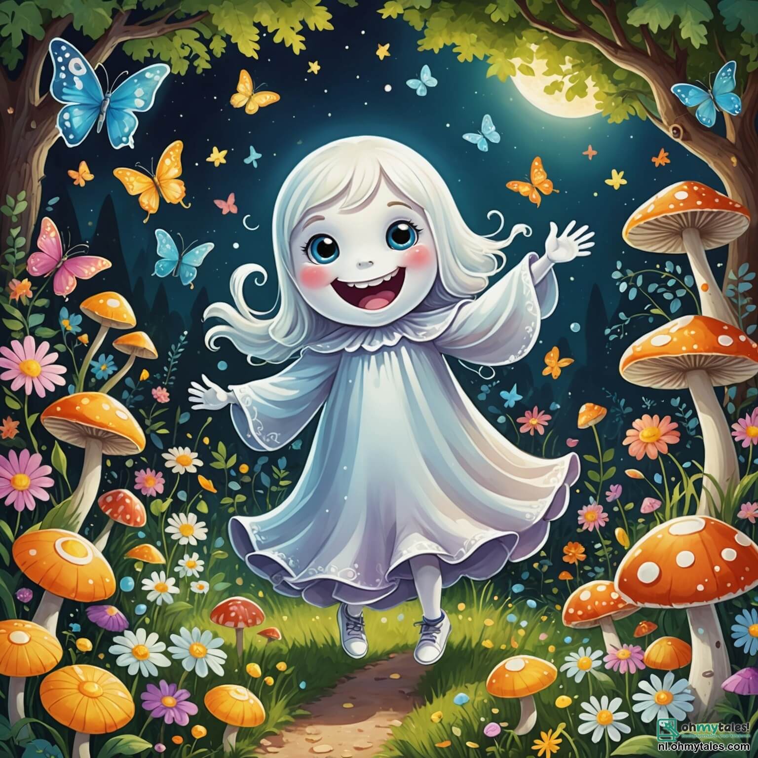 Une illustration destinée aux enfants représentant un fantôme espiègle et pétillant, avec un sourire malicieux et des yeux scintillants comme des étoiles, flottant joyeusement dans un jardin enchanté rempli de fleurs multicolores aux pétales chatoyants, de papillons dansants et de champignons rigolos, où il s'amuse à jouer à cache-cache avec une petite fille aux cheveux bouclés et dorés, vêtue d'une robe à pois, ainsi qu'avec un groupe de petits animaux rigolos comme un lapin aux grandes oreilles et un écureuil curieux, tous riant et s'amusant ensemble sous un ciel bleu parsemé de nuages en forme de bonbons, créant une atmosphère magique et pleine de joie.