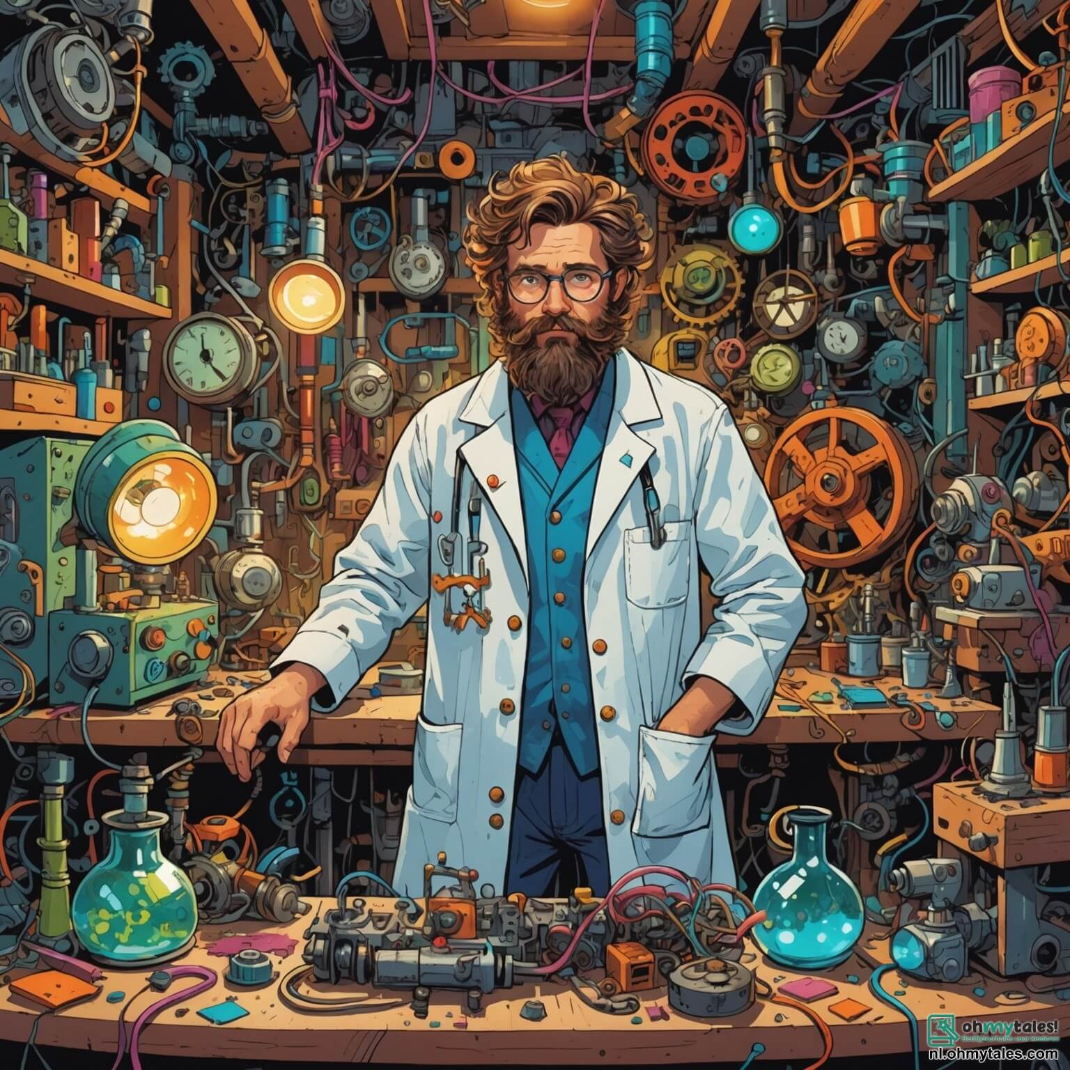 Une illustration destinée aux enfants représentant un homme à la barbe flamboyante et ébouriffée, vêtu d'une blouse de laboratoire pleine de taches colorées, entouré de machines étranges et de gadgets farfelus dans son atelier chaotique, où des engrenages brillants et des fils multicolores s'entremêlent comme des serpents dans un jardin enchanté, tandis qu'une jeune fille pétillante à l'esprit vif, sa meilleure amie, l'aide à tester une invention incroyable qui, au lieu de stopper le temps comme prévu, le fait accélérer à une vitesse folle, provoquant une course effrénée de leurs voisins dans le paisible village de Wonderwijk, où les maisons aux façades pastel et aux toits en tuiles scintillantes semblent vibrer au rythme de cette aventure inattendue.
