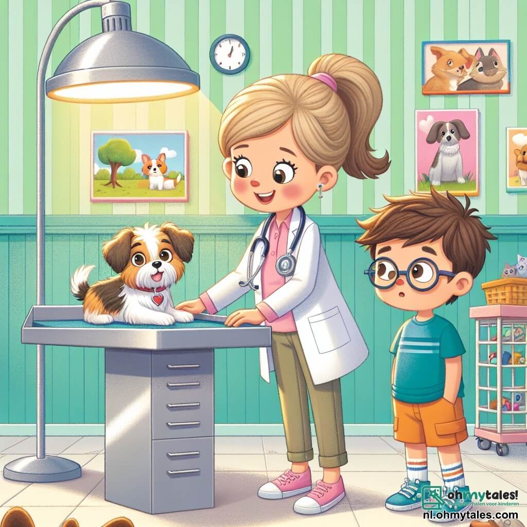 Illustratie van een lichte en uitnodigende dierenartspraktijk, met pastelgroene muren en kleurrijke posters van dieren. In het midden staat een grote, glanzende roestvrijstalen onderzoekstafel onder het zachte licht van een lamp. De hoofdfiguur is een vrouw van rond de dertig, met kastanjebruin haar in een paardenstaart. Ze draagt een witte labjas en een stethoscoop om haar nek. Ze leunt met een warme glimlach over een klein hondje met glanzende, nieuwsgierige ogen, dat een beetje nerveus maar ontvankelijk lijkt voor haar geruststellende aanwezigheid. Naast haar staat een jongen van ongeveer 10 jaar met tousled blond haar en ronde brillen, die gefascineerd kijkt. Hij draagt een blauwe t-shirt en shorts. Zijn ogen zijn groot van verwondering terwijl hij leert hoe hij voor dieren moet zorgen. De hoofdscène toont de dierenarts die het kleine hondje geruststelt, terwijl ze de jongen uitlegt hoe hij stresssignalen bij dieren kan herkennen. Speelgoed voor dieren ligt verspreid over de kamer, en een poster aan de muur geeft tips voor de verzorging van huisdieren, wat een educatieve toets aan de illustratie toevoegt.