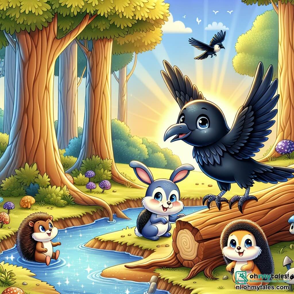 Une illustration sous forme de dessin destinée aux enfants représentant une clairière ensoleillée au cœur d'un forêt enchantée, où un corbeau aux plumes noires brillantes et aux yeux pétillants de curiosité survole joyeusement ses amis, un petit lapin aux grandes oreilles blanches qui bondit avec enthousiasme et un hérisson aux piquants doux qui observe attentivement, alors qu'ils se rassemblent autour d'une vieille arbre à l'écorce dorée, prêts à découvrir le secret magique pour sauver la mystérieuse et scintillante rivière qui s'assèche lentement.