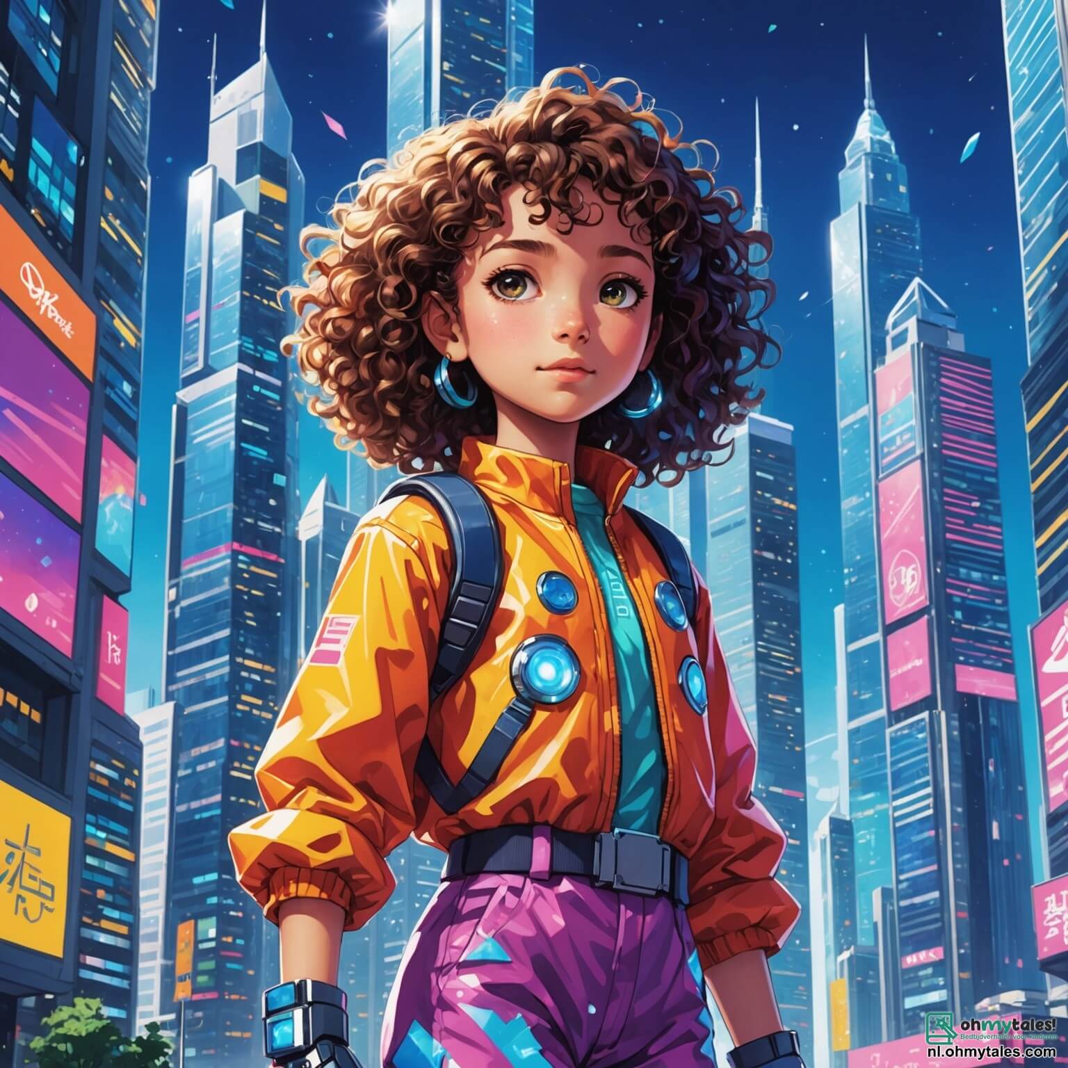 Une illustration destinée aux enfants représentant une jeune fille aux cheveux bouclés et aux yeux pétillants, vêtue d'une combinaison colorée, se tenant avec détermination au milieu d'une ville futuriste éclatante, où des gratte-ciels scintillants comme des cristaux s'élèvent vers un ciel d'un bleu éclatant, tandis que des hologrammes dansent autour d'elle, et où son meilleur ami, un robot aux formes arrondies et aux yeux lumineux, l'accompagne dans sa quête palpitante pour découvrir un mystérieux laboratoire caché derrière une grande arbre aux feuilles luminescentes, dans un parc vibrant de couleurs et de sons, où les rires des enfants se mêlent aux bruits des machines volantes et aux senteurs sucrées des stands de nourriture flottants.