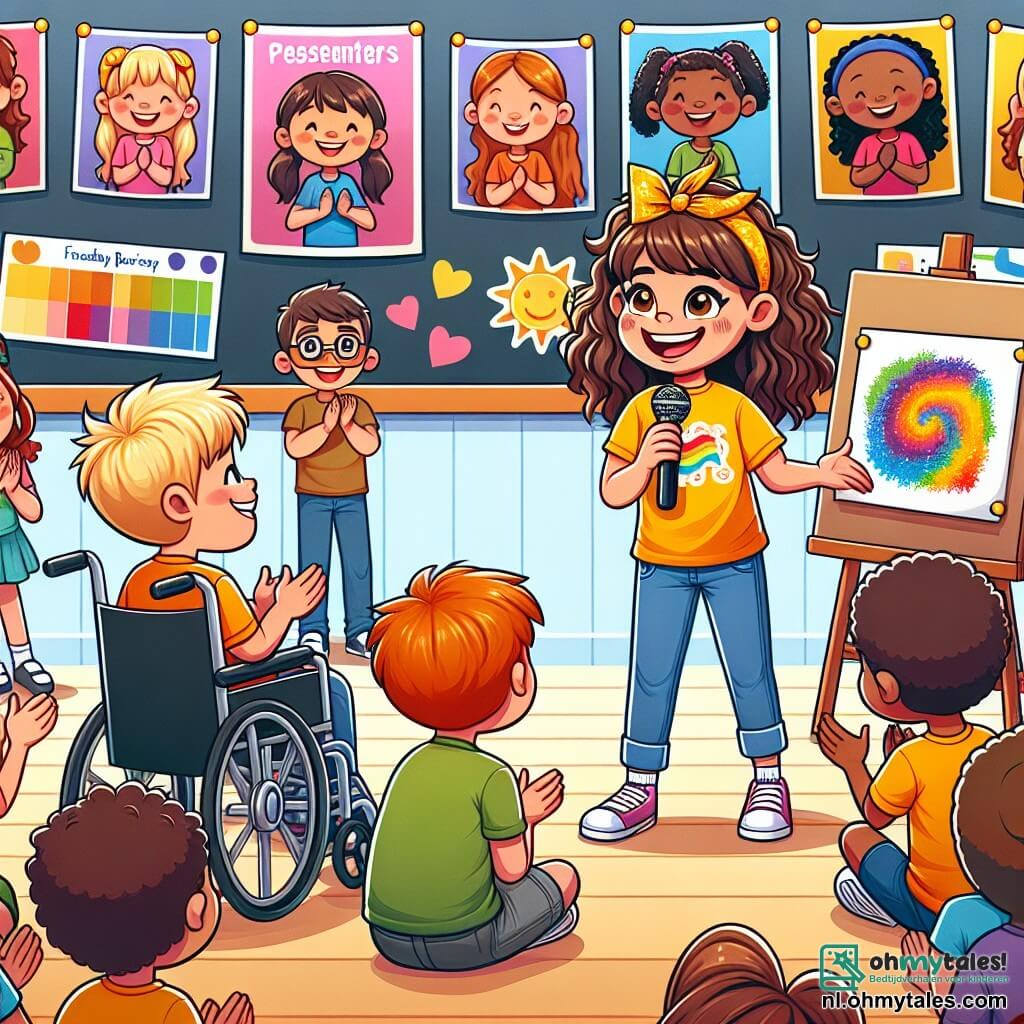 Une illustration sous forme de dessin destinée aux enfants représentant une salle de classe colorée avec des affiches sur les murs, où une fille de 9 ans aux cheveux bruns et bouclés, portant un t-shirt jaune et un jean, sourit en présentant un grand dessin coloré à ses camarades, tandis qu'un garçon aux cheveux courts et blonds, assis dans une chaise roulante, l'observe avec admiration, entourés de leurs camarades qui applaudissent et sourient, capturant un moment de joie et d'inclusion où l'amitié et la créativité se rencontrent.