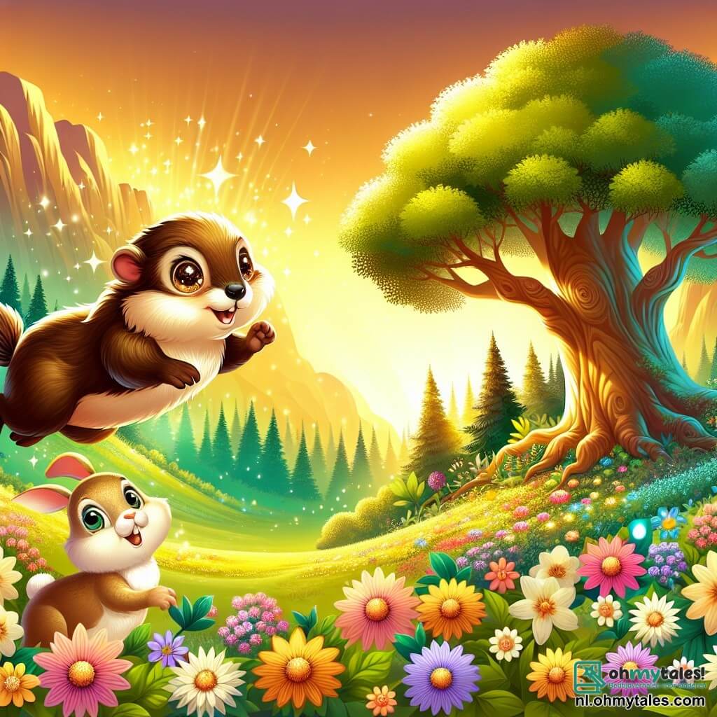 Une illustration sous forme de dessin destinée aux enfants représentant une vallée enchantée, baignée de lumière dorée, avec des fleurs colorées dans tous les sens, où se tient une petite marmotte au pelage brun brillant, aux yeux pétillants de curiosité, qui saute joyeusement en direction d'une grande et ancienne arbre, tandis qu'à ses côtés, un petit lapin aux grandes oreilles blanches l'observe avec un mélange d'excitation et d'appréhension, illustrant leur moment de découverte avant de se lancer ensemble dans une aventure à travers la nature.