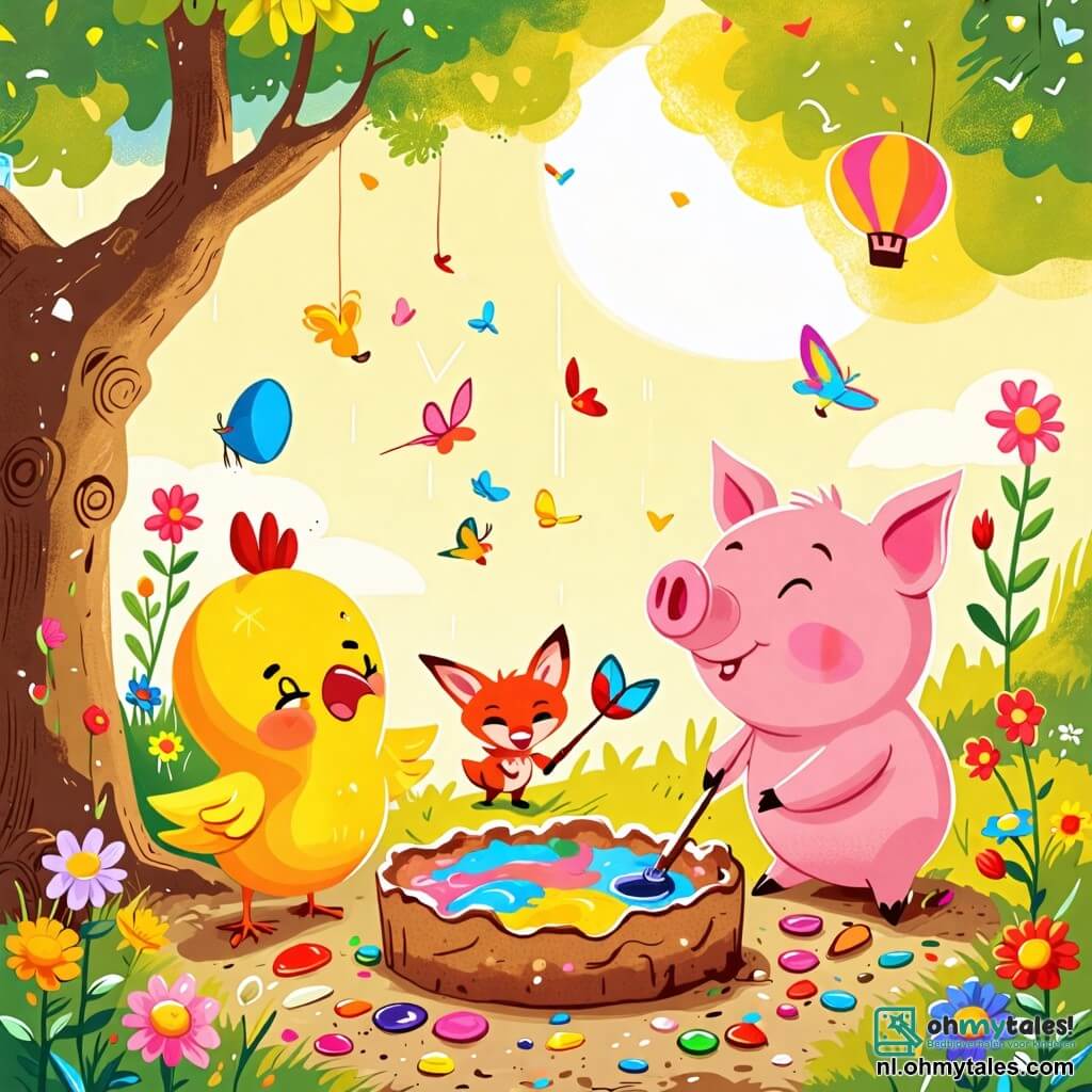 Une illustration sous forme de dessin destinée aux enfants représentant un jardin ensoleillé avec des fleurs colorées et un grand mur en terre, où un petit cochon rose aux yeux pétillants et aux joues rondes est en train de peindre une énorme moddertaart avec des couleurs vives, tandis qu'une joyeuse poule jaune aux plumes ébouriffées danse autour de lui, et un renard rusé avec un sourire malicieux observe la scène, tous deux riant de l'enthousiasme du cochon qui crée un chef-d'œuvre coloré avec l'aide de ses amis animaux.