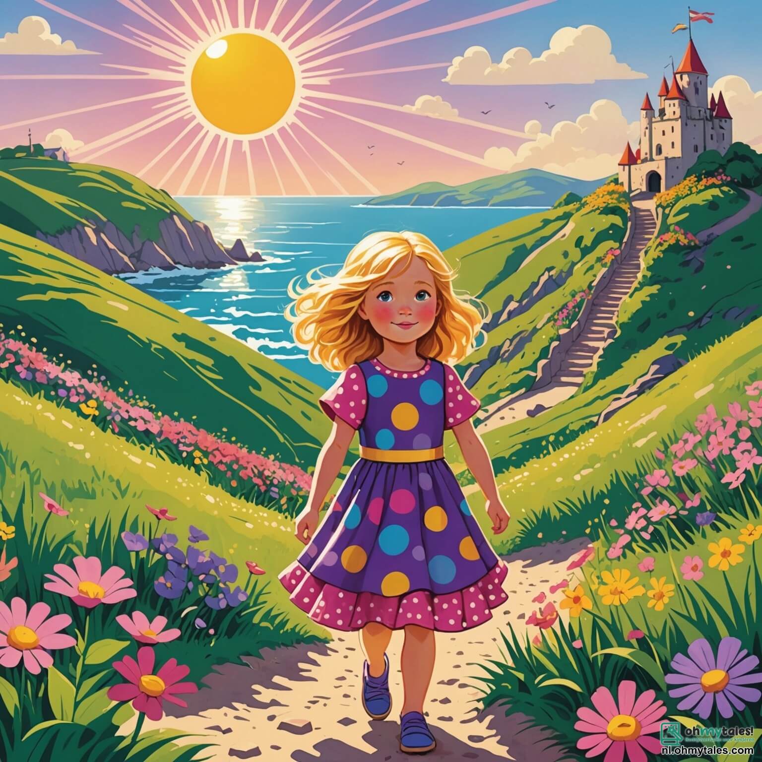 Une illustration destinée aux enfants représentant une petite fille aux cheveux dorés comme les rayons du soleil, vêtue d'une robe à pois colorés, se tenant fièrement au sommet d'une colline verdoyante, entourée de fleurs éclatantes dans des teintes de rose et de violet, tandis qu'elle se prépare à relever le défi impossible de construire le plus grand château de sable jamais vu sur la plage dorée et scintillante, où les vagues dansent joyeusement et les mouettes crient au-dessus d'elle, avec à ses côtés son fidèle ami, un garçon aux yeux pétillants et aux cheveux en bataille, qui l'encourage avec un grand sourire, et une petite tortue curieuse qui s'approche timidement pour observer leur aventure.
